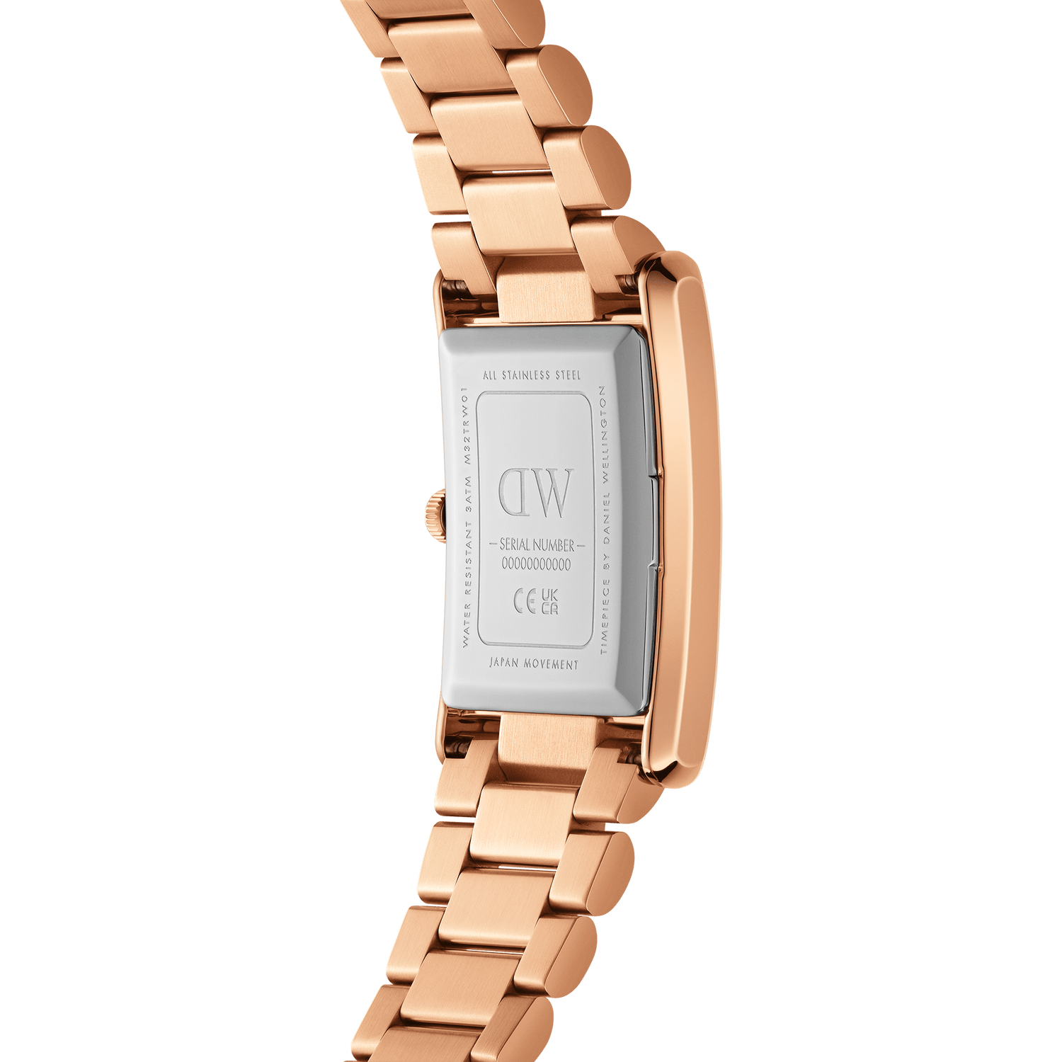 Rose gold wristwatch with a rectangular face and metal link bracelet.
