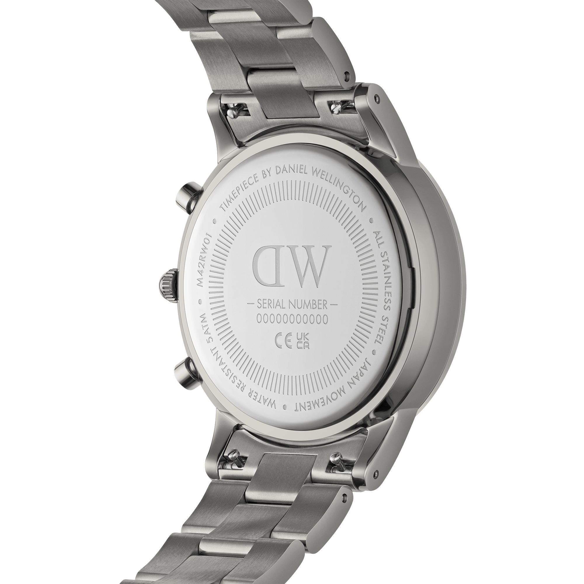 Back of a stainless steel wristwatch with ’DW’ engraved on its case.