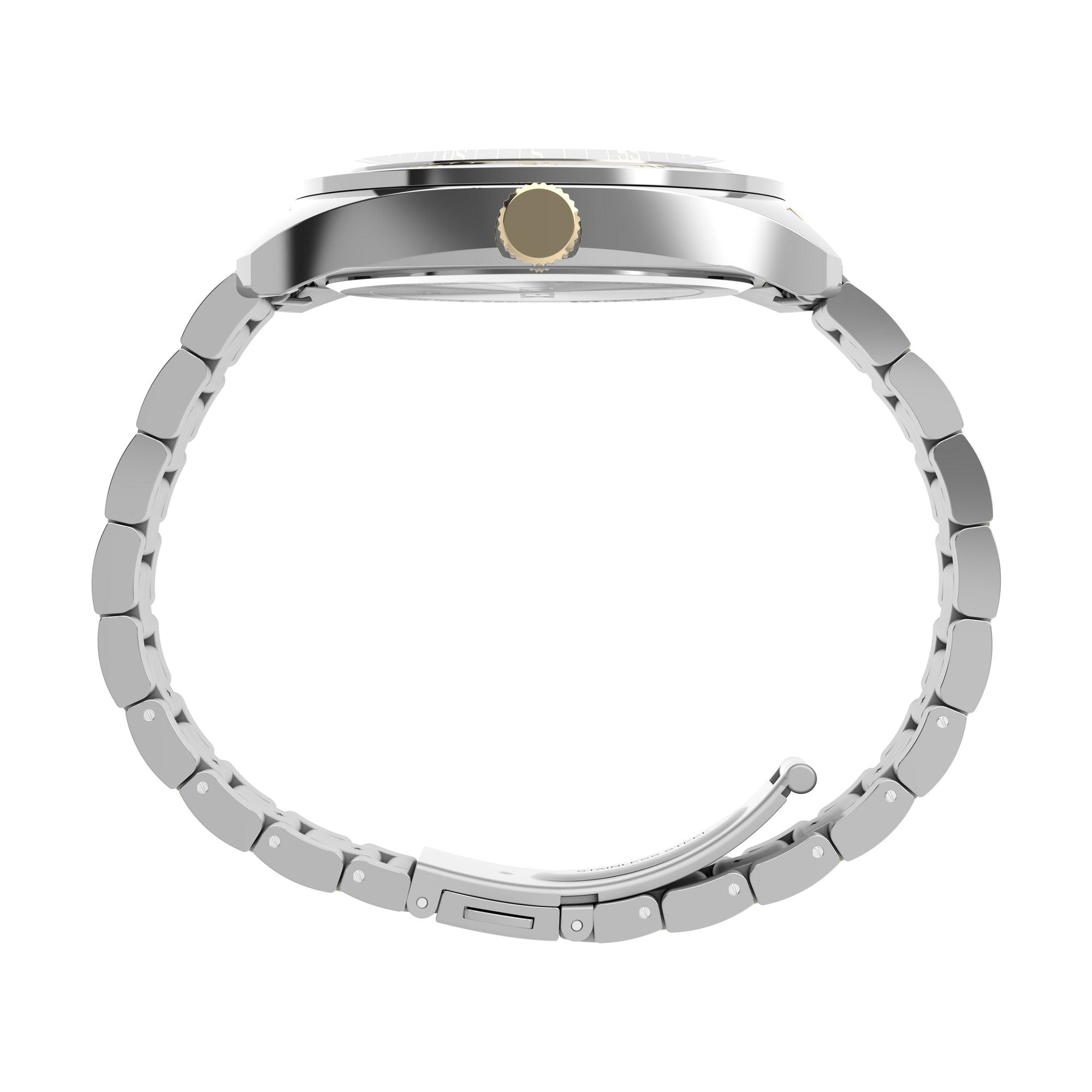 Timex Weston TW2Y89100 textured black dial on a two-tone bracelet, case profile