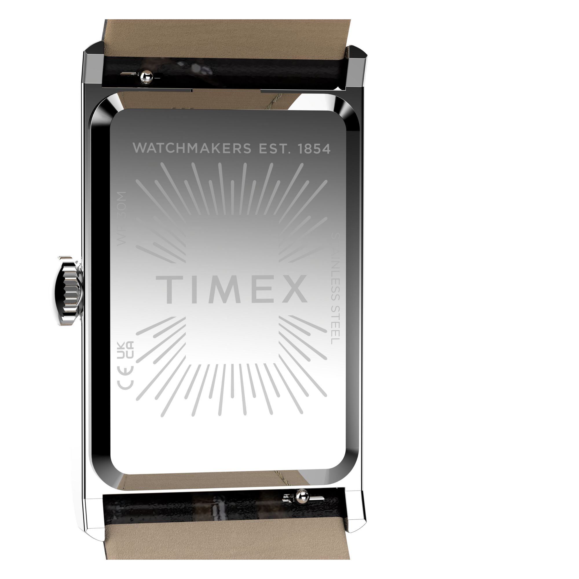 Timex 1976 Lexington TW2Y88200 silver dial with Roman numerals on a brown leather strap, caseback