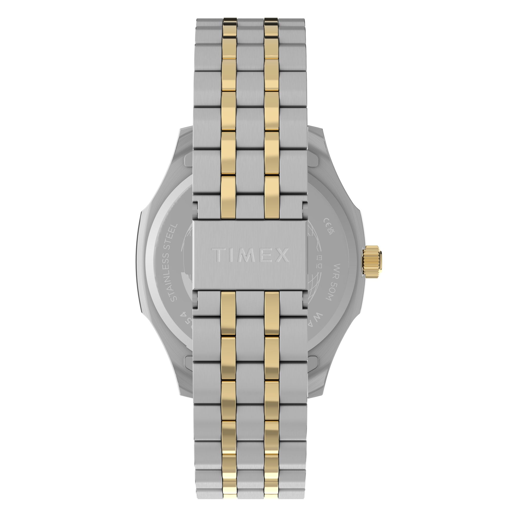 Timex TW2Y91400 green ribbed dial on a two-tone bracelet, rear flat-lay with strap