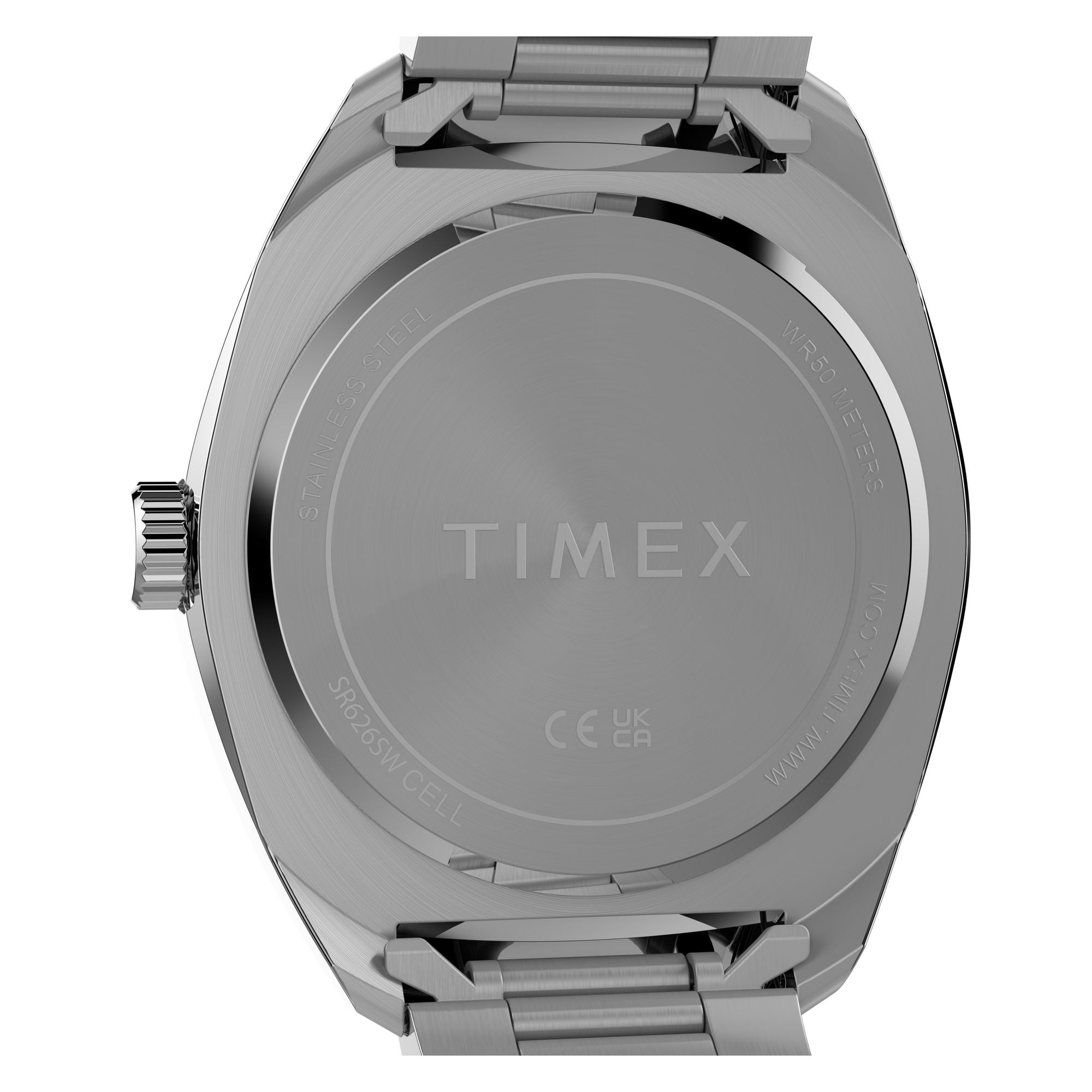 Timex Weston TW2Y89000 textured green dial on a stainless steel bracelet, caseback