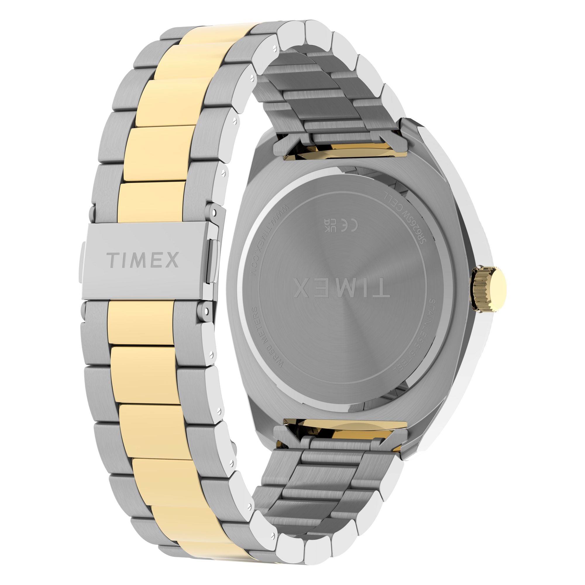 Timex Weston TW2Y89100 textured black dial on a two-tone bracelet, rear three-quarter