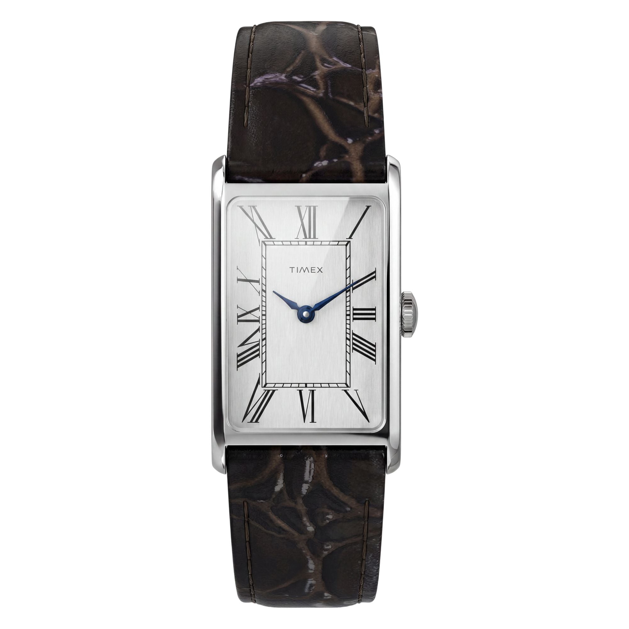 Timex 1976 Lexington TW2Y88200 silver dial with Roman numerals on a brown leather strap, front-on