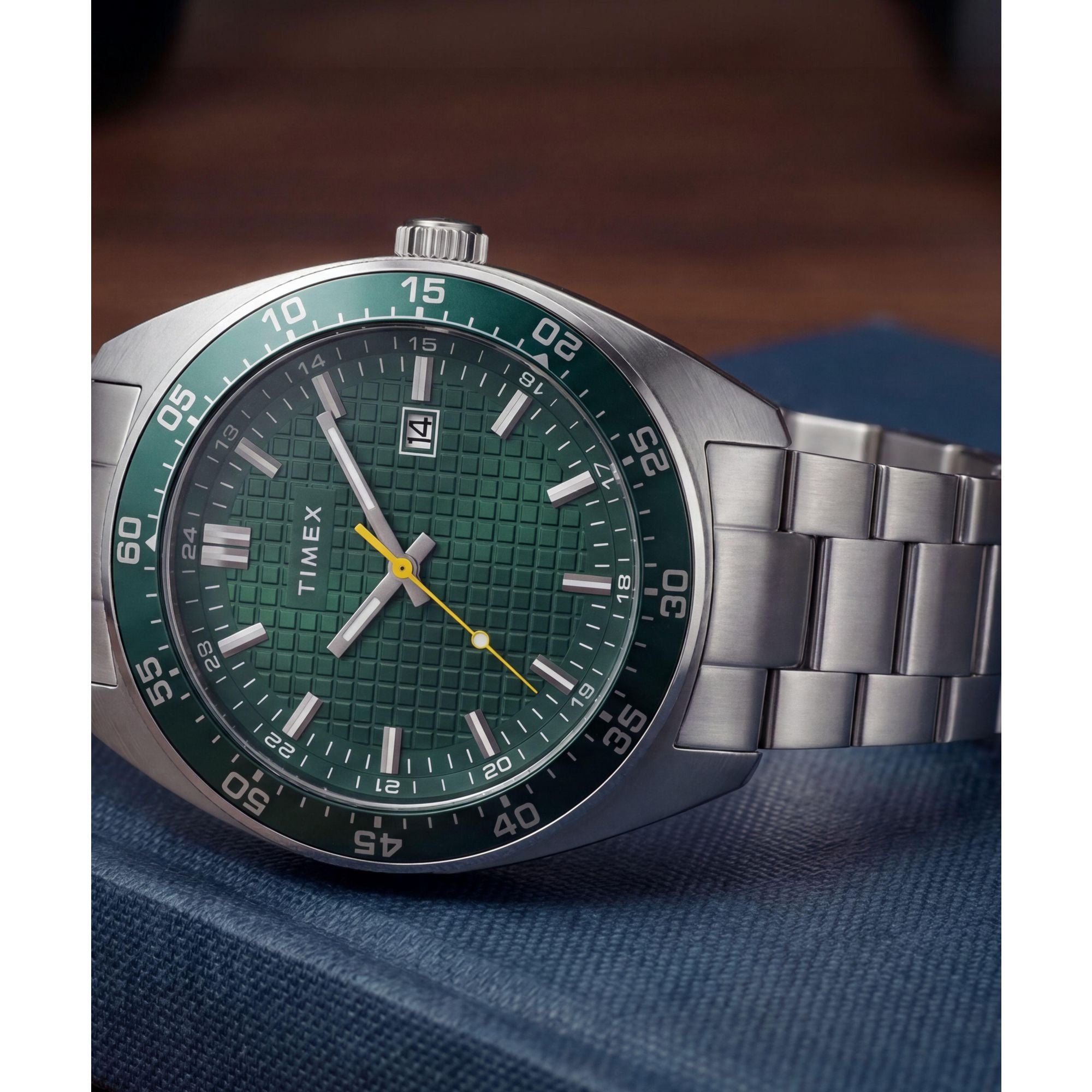 Timex Weston TW2Y89000 textured green dial on a stainless steel bracelet, styled detail