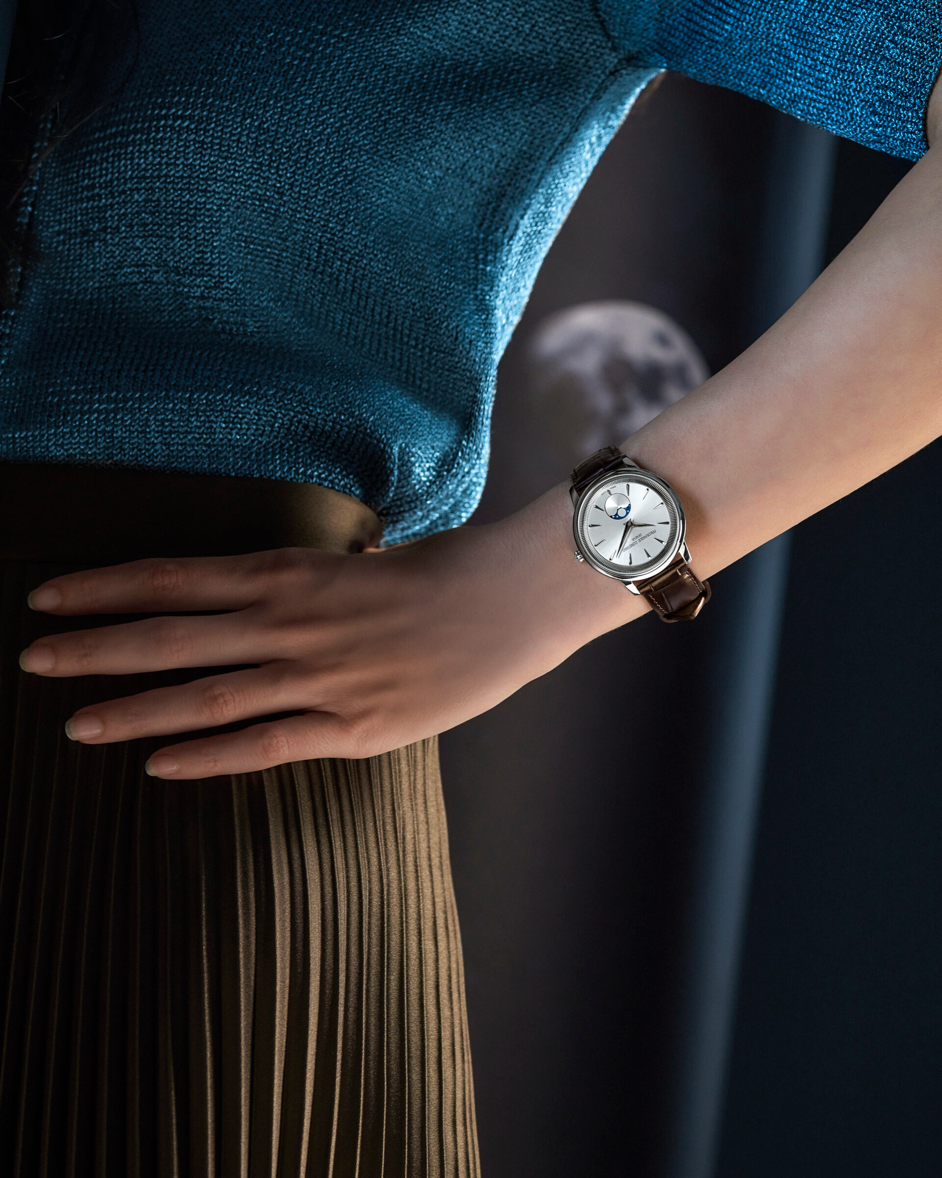 Frederique Constant Classics Moneta Moonphase Brown Band Silver Dial FC-206S3S6
