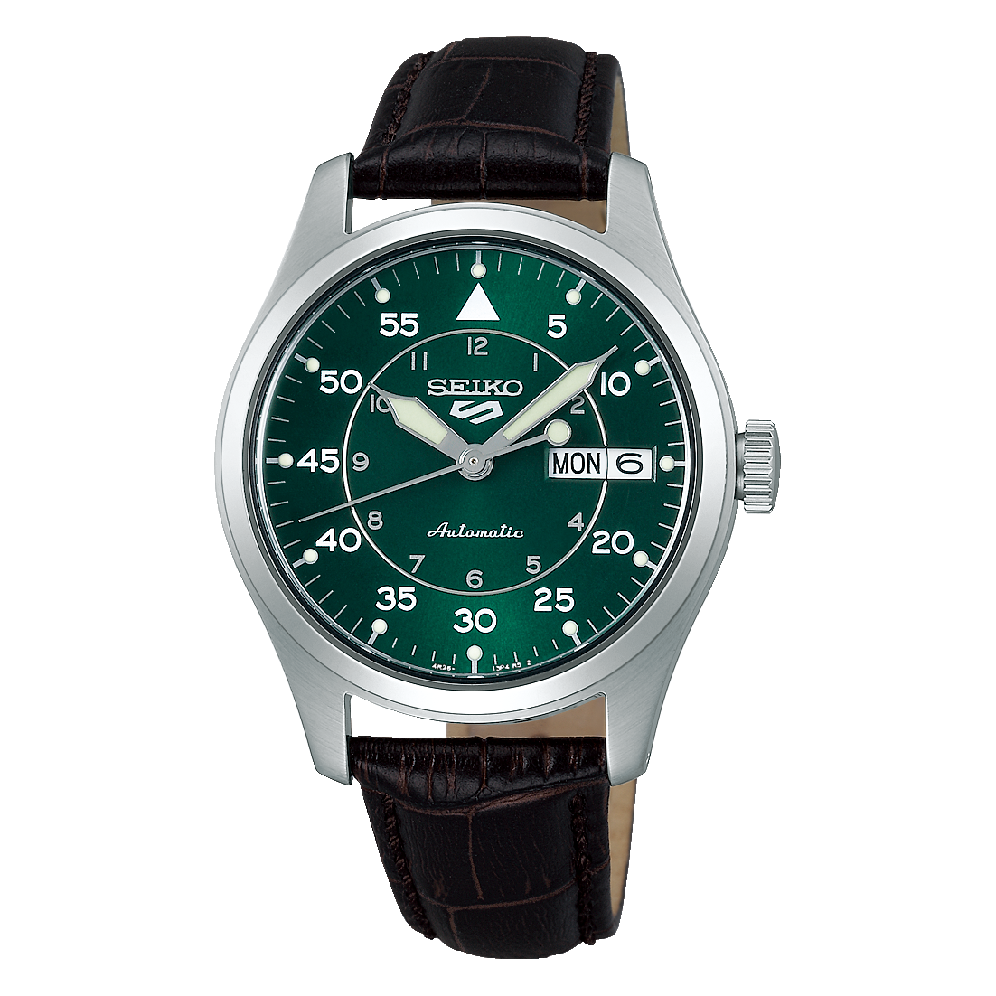 Seiko 5 Automatic Sports Green Dial Brown Leather Strap Watch SRPJ89K