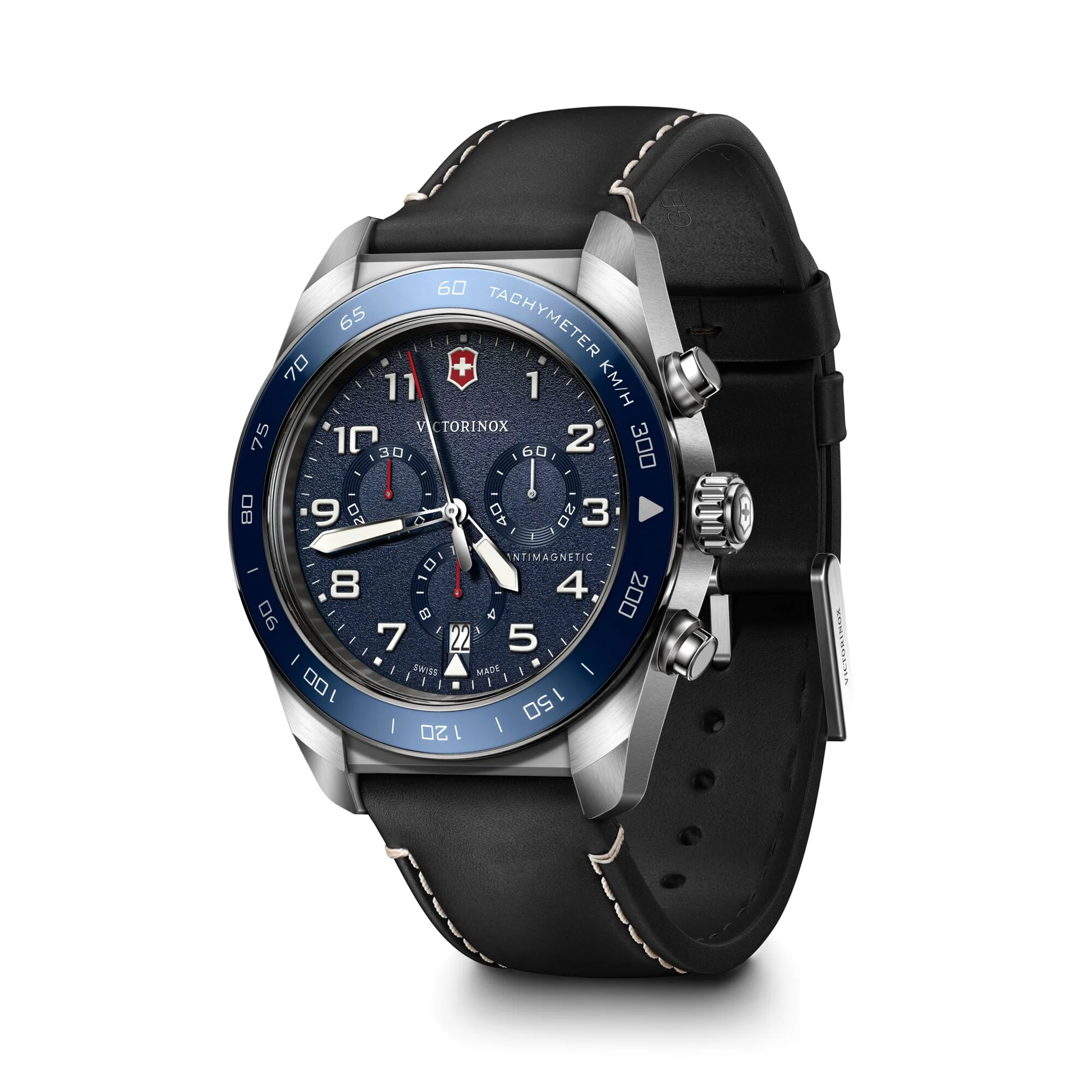Victorinox Swiss Army Chrono Blue Dial Black Leather Band Mens Watch 242047