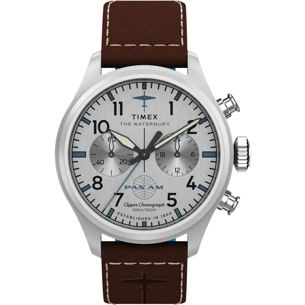 Timex x Pan Am Waterbury Chronograph Silver Dial and Brown Leather Str