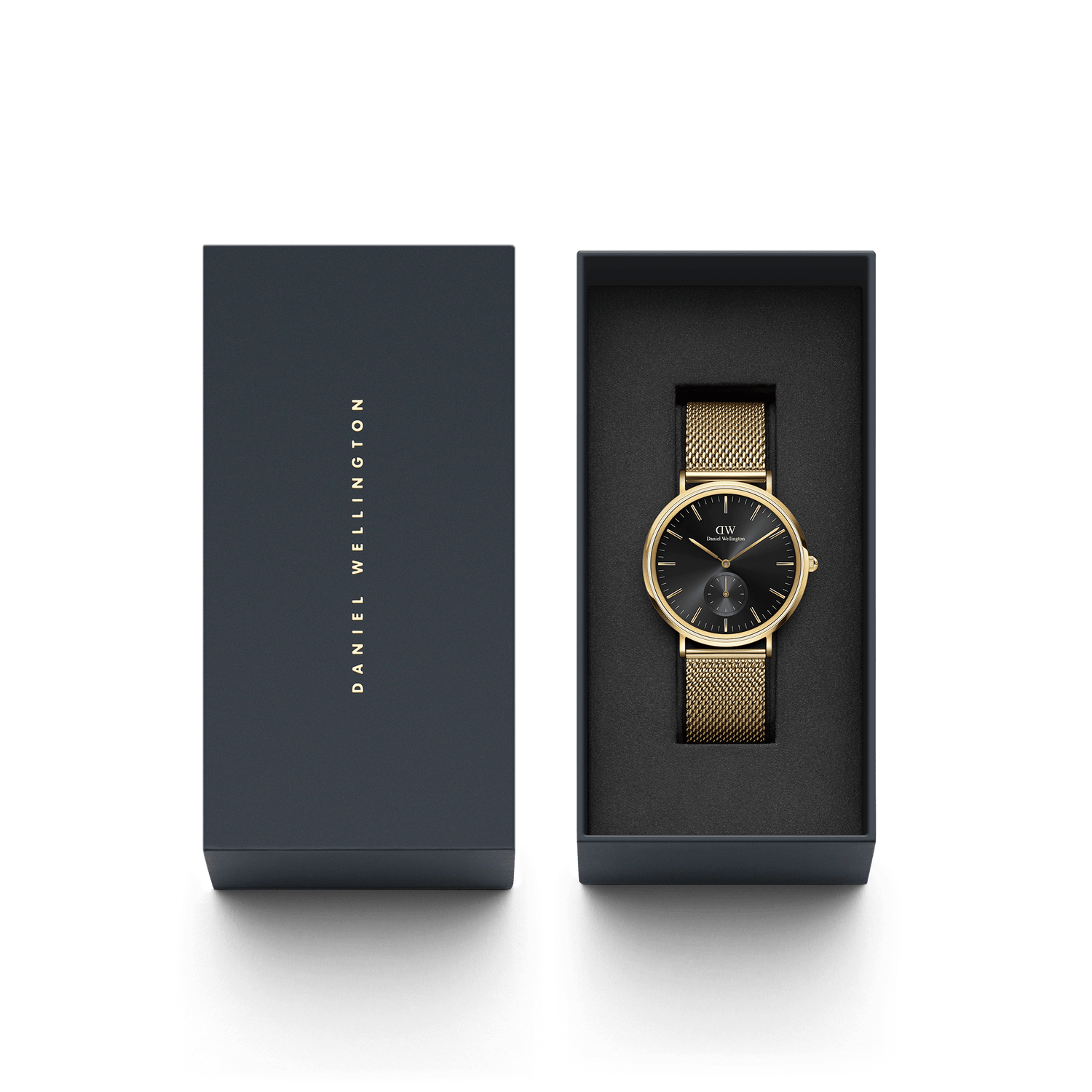 Gold-toned wristwatch with a mesh band displayed in a black box alongside its packaging.