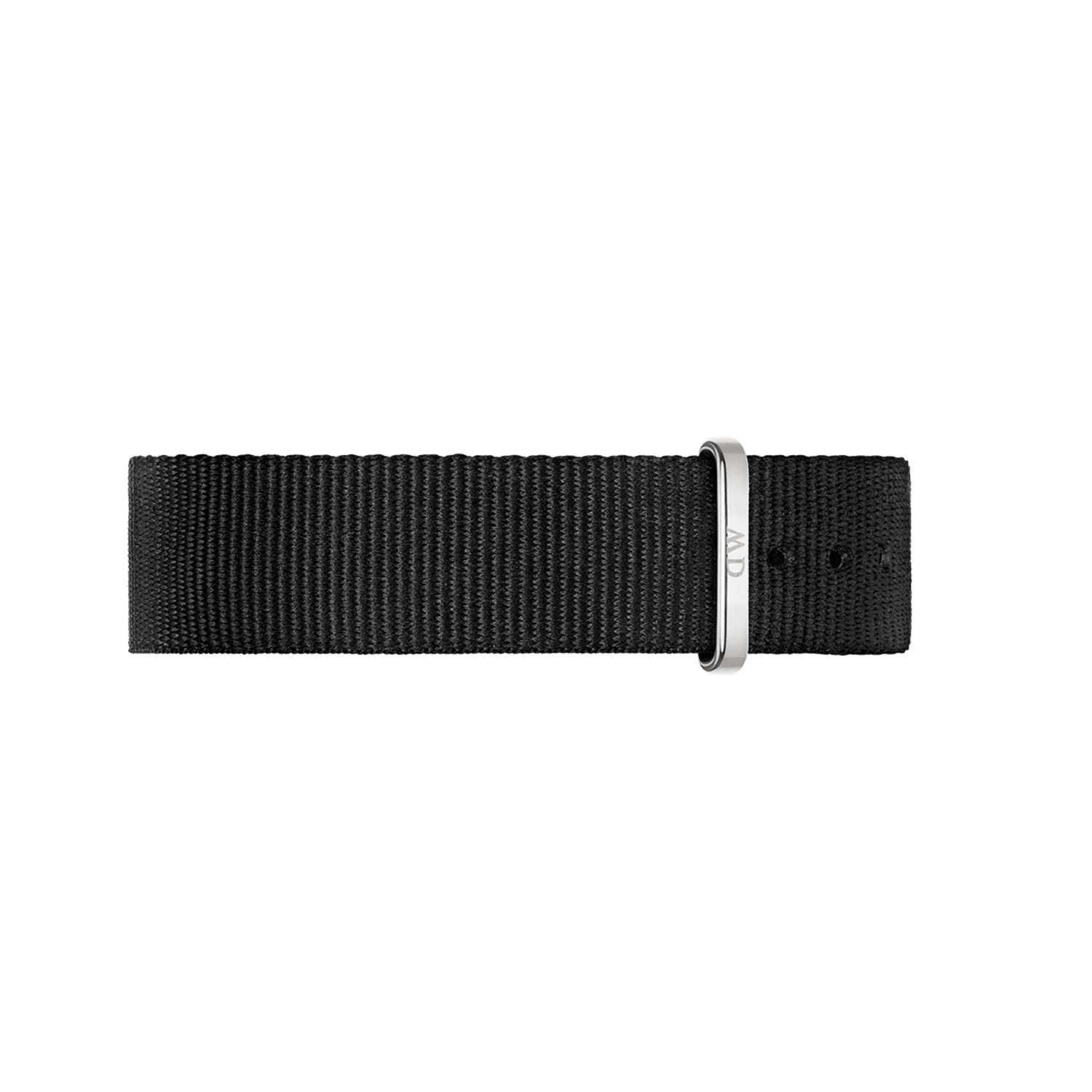 Black fabric watch strap with a metal buckle.