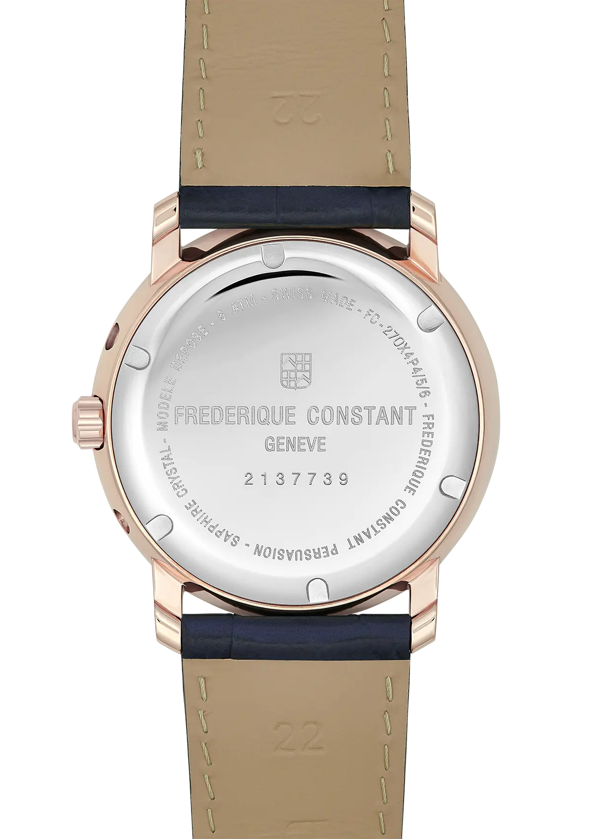 Wristwatch with a rose gold case and navy blue leather strap, showing its engraved caseback.