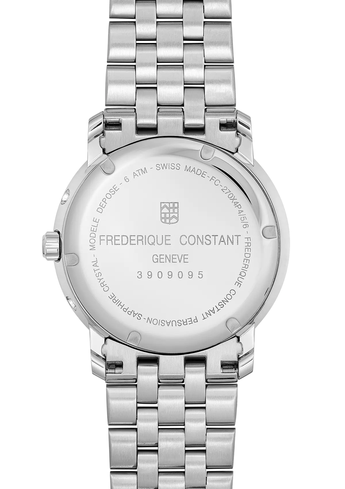 Back of a stainless steel wristwatch with a metal link bracelet.