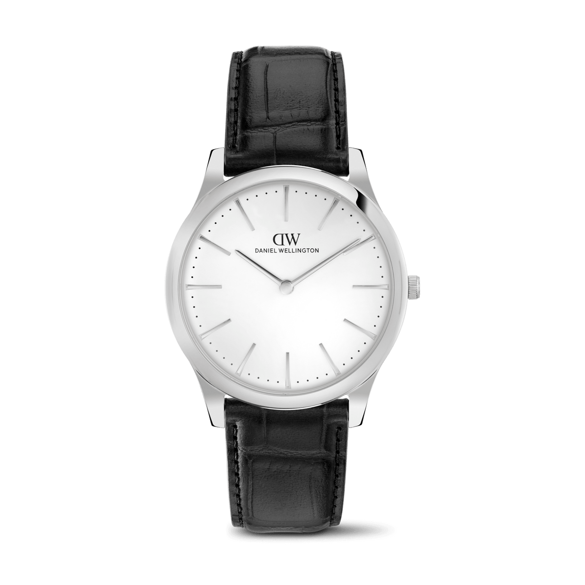Daniel Wellington Pathfinder Black-Croc Frost-White Silver DW00100980 men's watch with white sunray dial and black leather strap