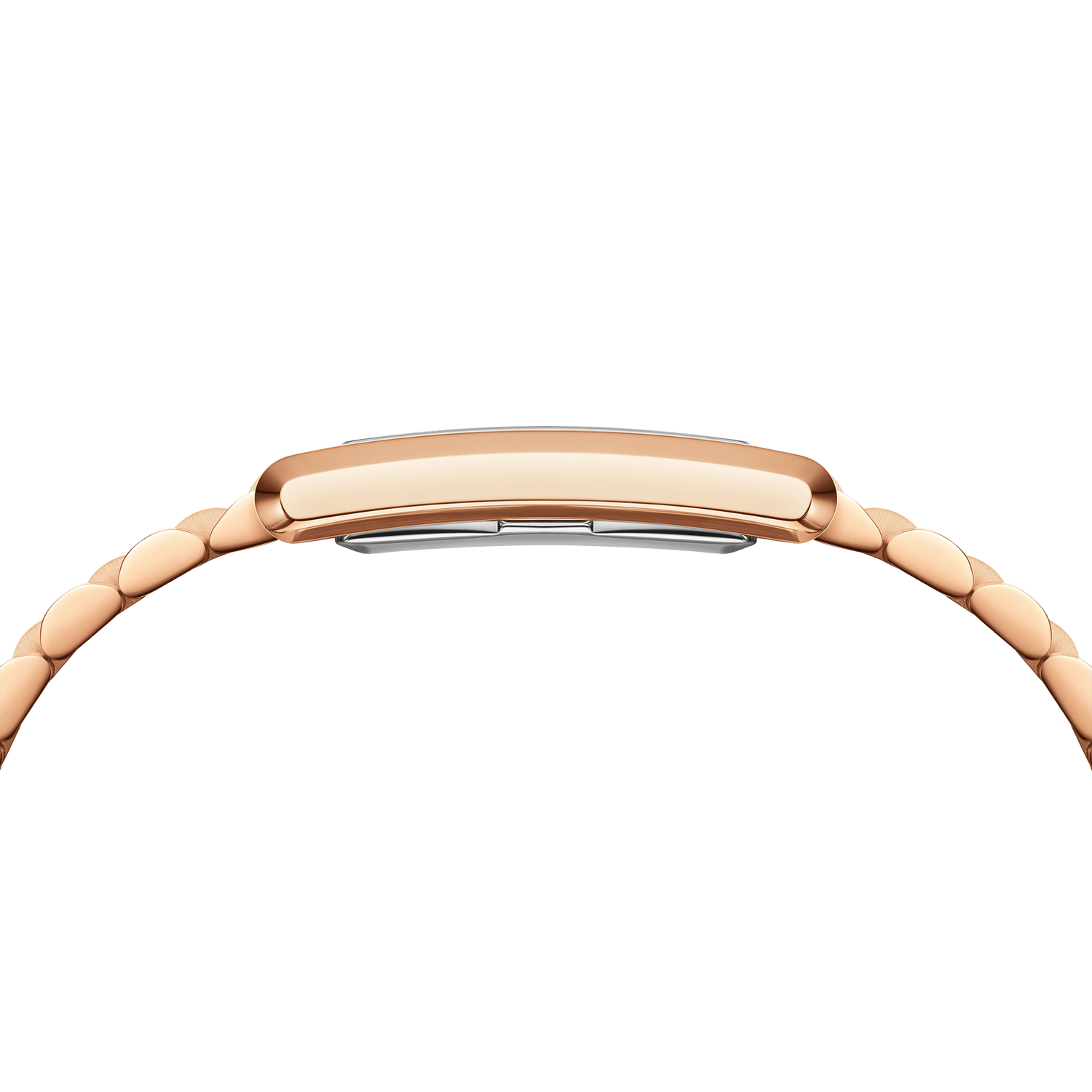 Rose gold wristwatch band with a sleek, curved design.