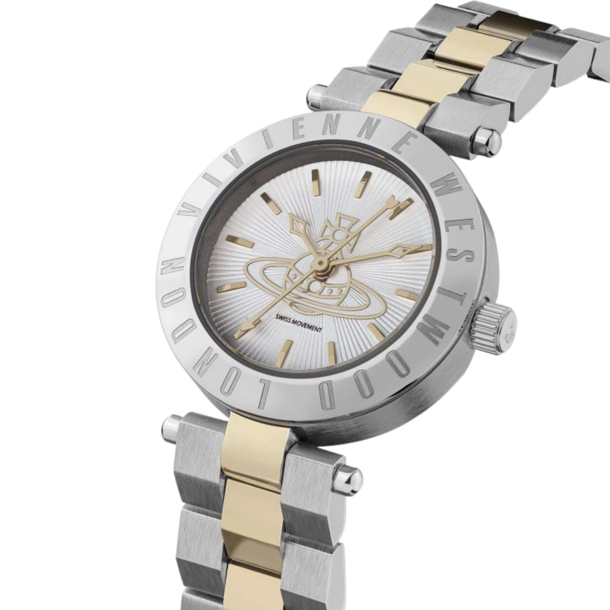 Vivienne Westwood Westbourne women's watch with a silver dial and two tone stainless steel bracelet. Close-up detail view.