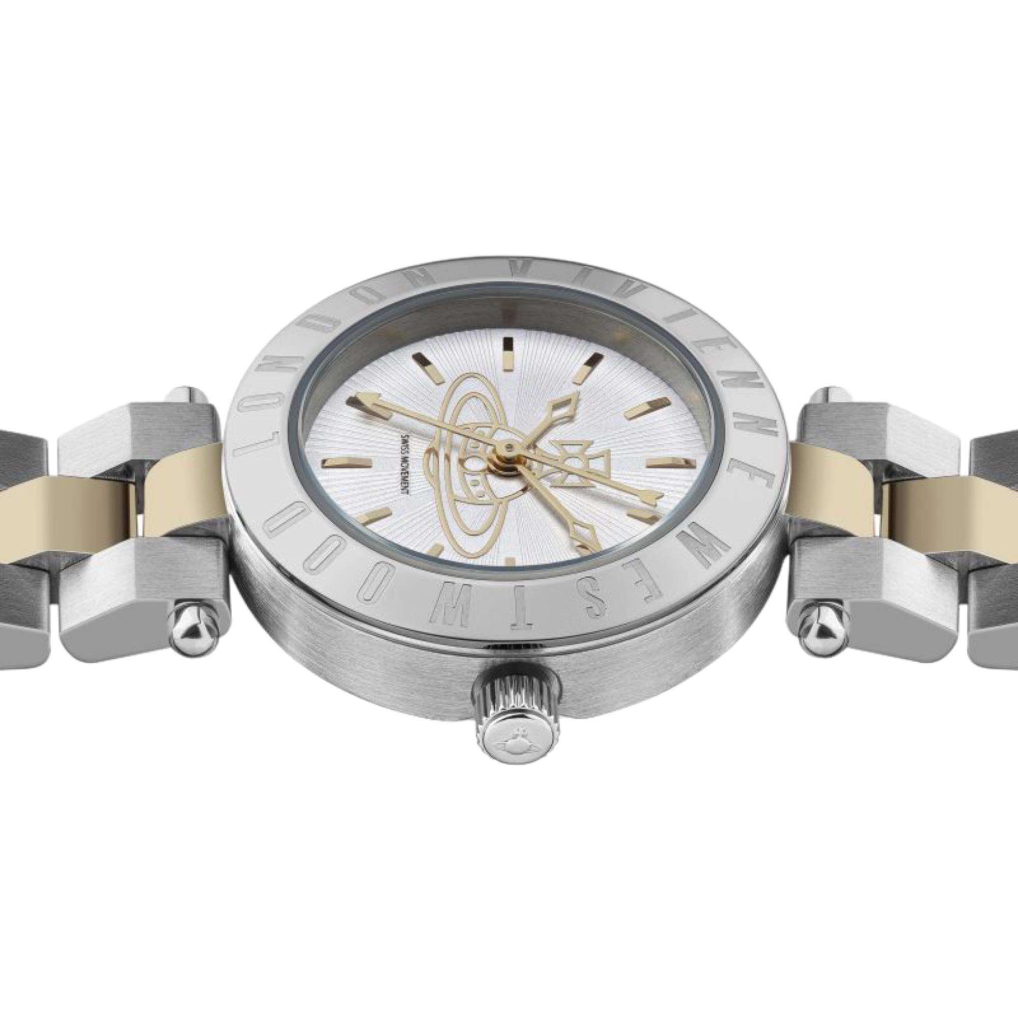 Vivienne Westwood Westbourne women's watch with a silver dial and two tone stainless steel bracelet. Side profile view.