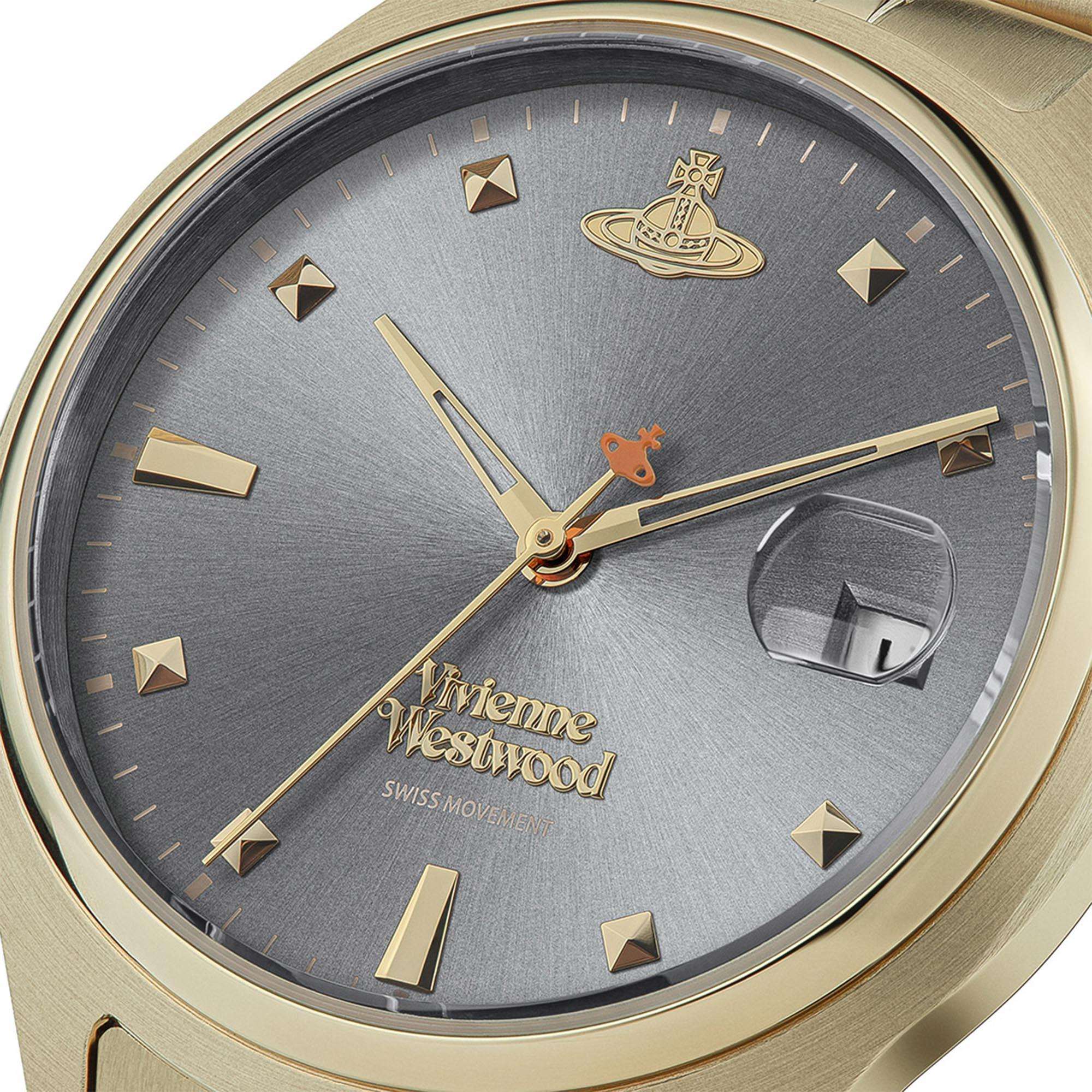 Vivienne Westwood Camberwell women's watch with a grey dial and gold stainless steel bracelet. Side profile view.