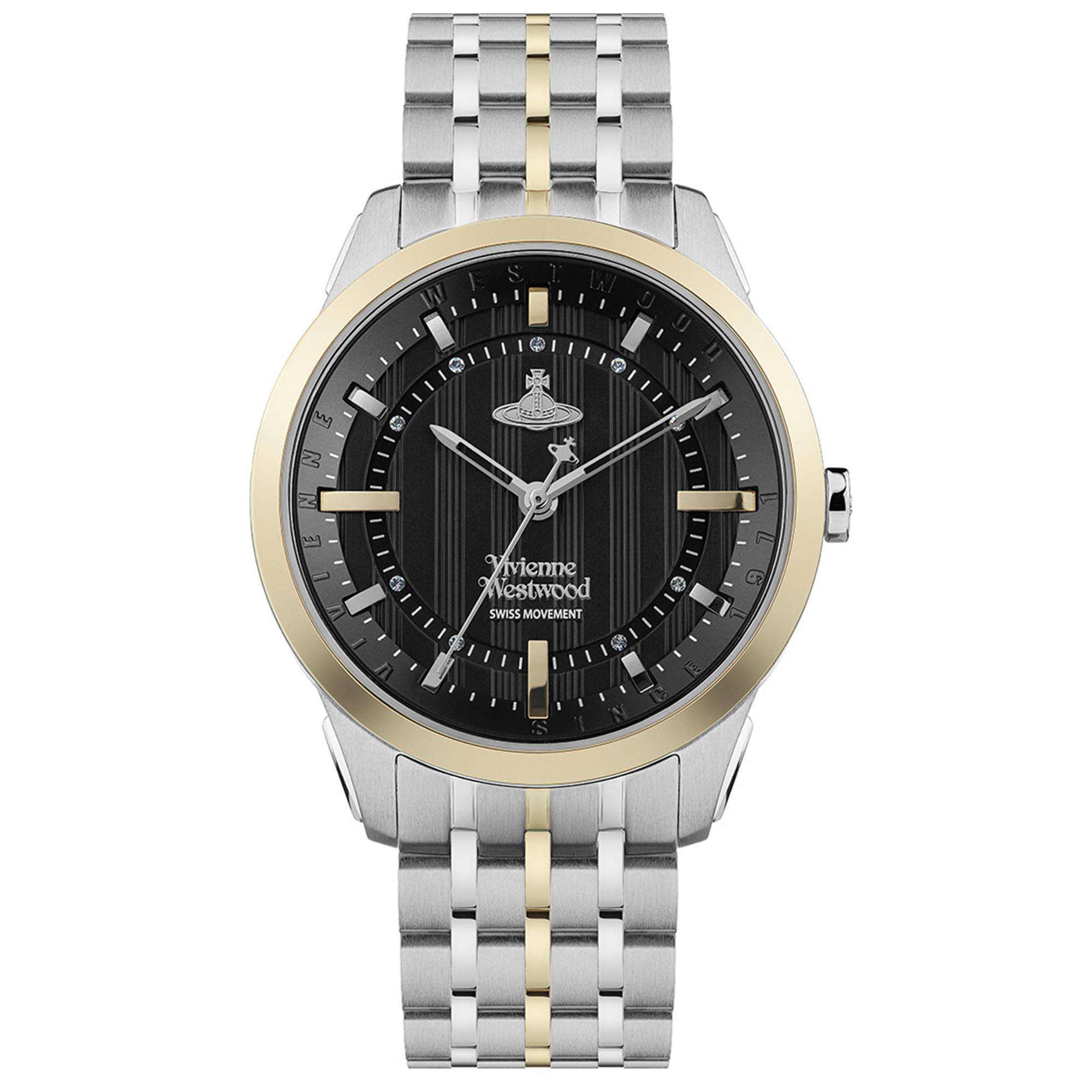Vivienne Westwood East End women's watch with a black dial and two tone stainless steel bracelet.