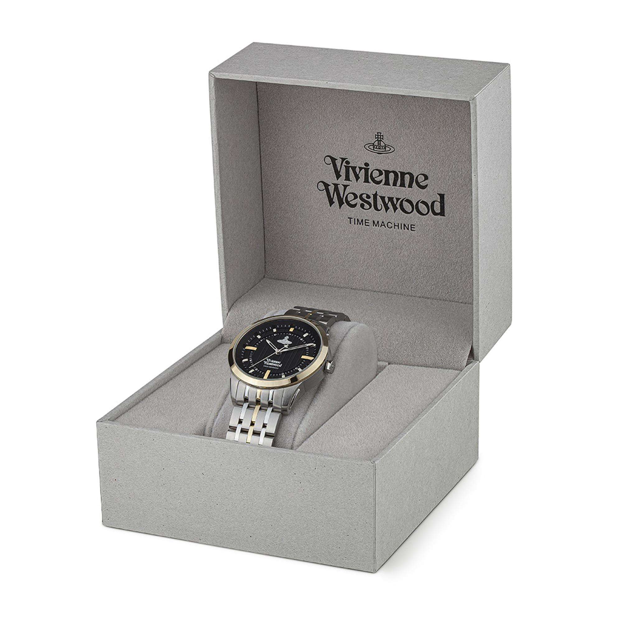 Vivienne Westwood East End women's watch with a black dial and two tone stainless steel bracelet. Close-up detail view.