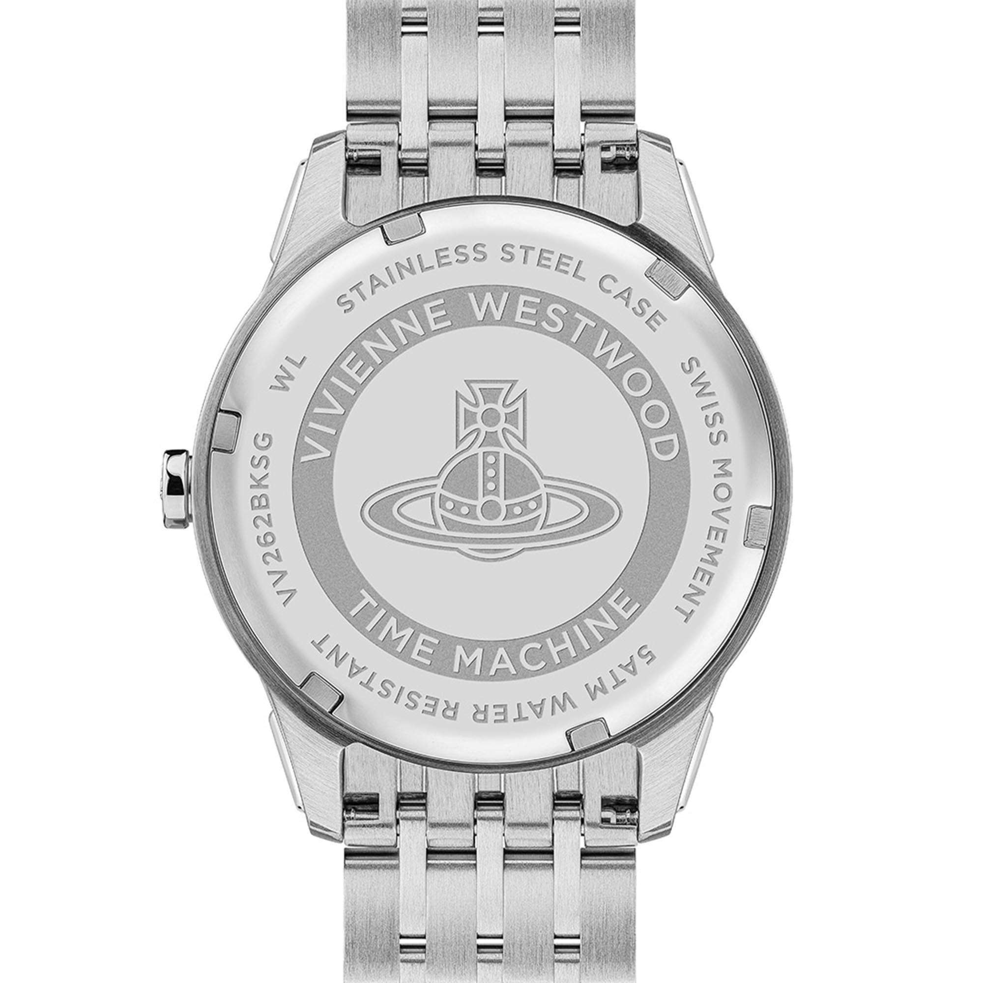Vivienne Westwood East End women's watch with a black dial and two tone stainless steel bracelet. Clasp and case back detail.