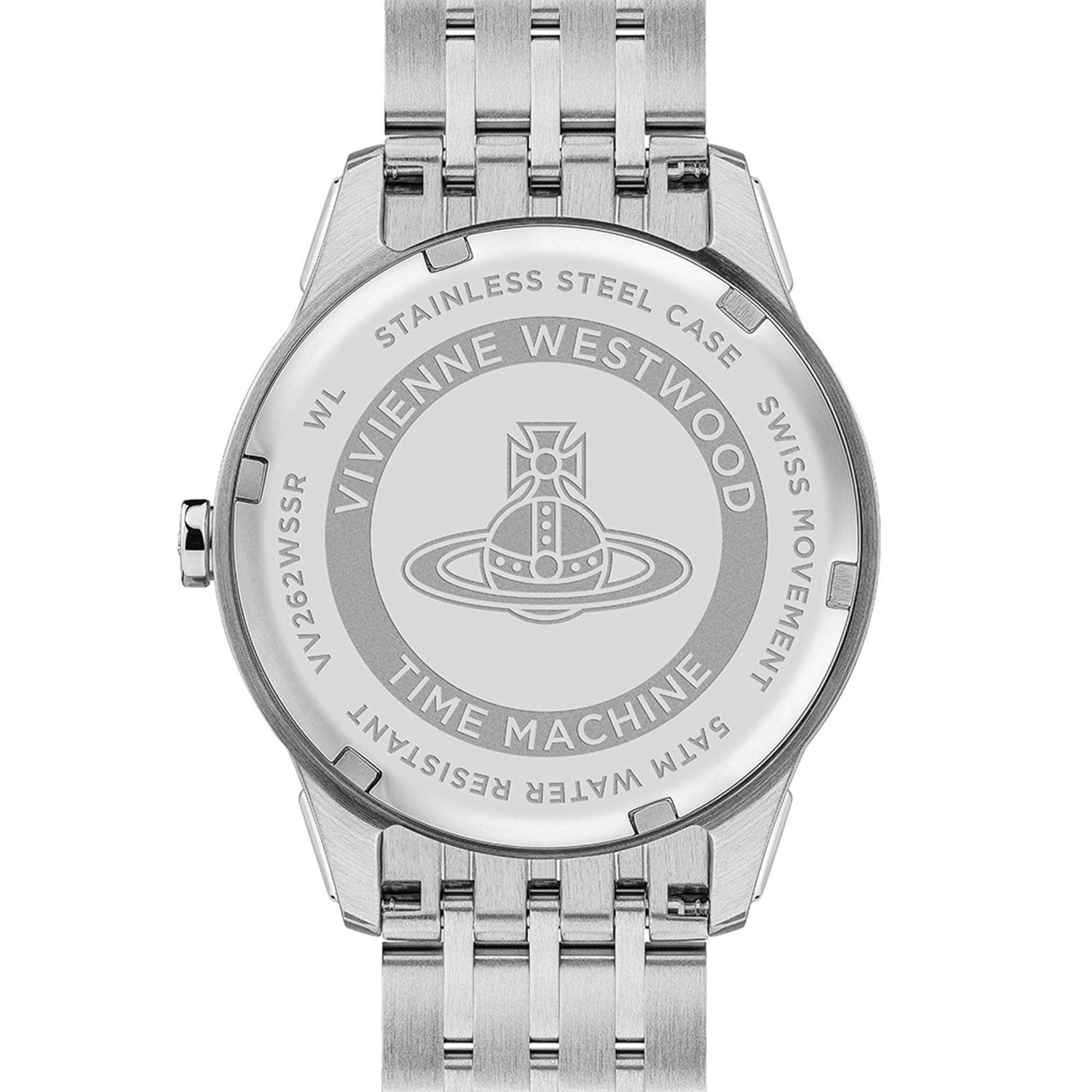 Vivienne Westwood East End women's watch with a silver dial and two tone stainless steel bracelet. Clasp and case back detail.