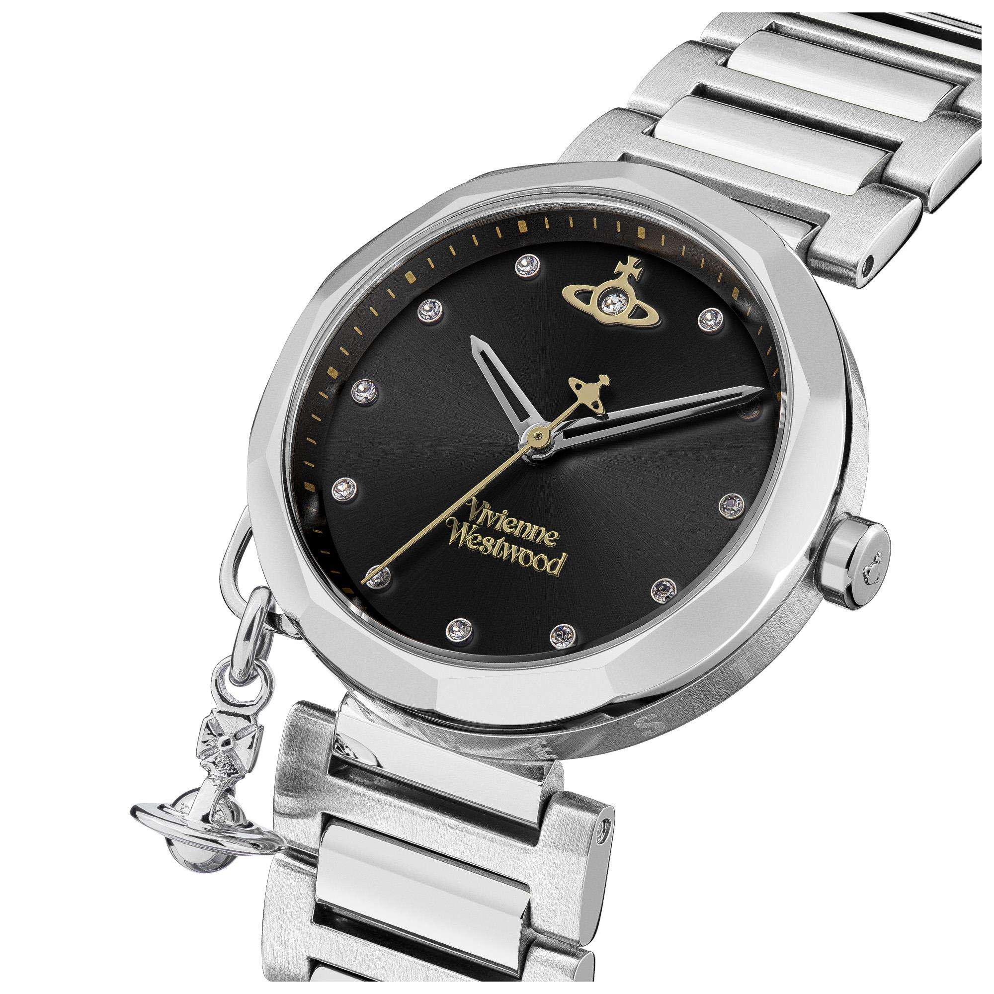 Vivienne Westwood Poplar women's watch with a black dial and silver stainless steel bracelet. Shown at an angle.