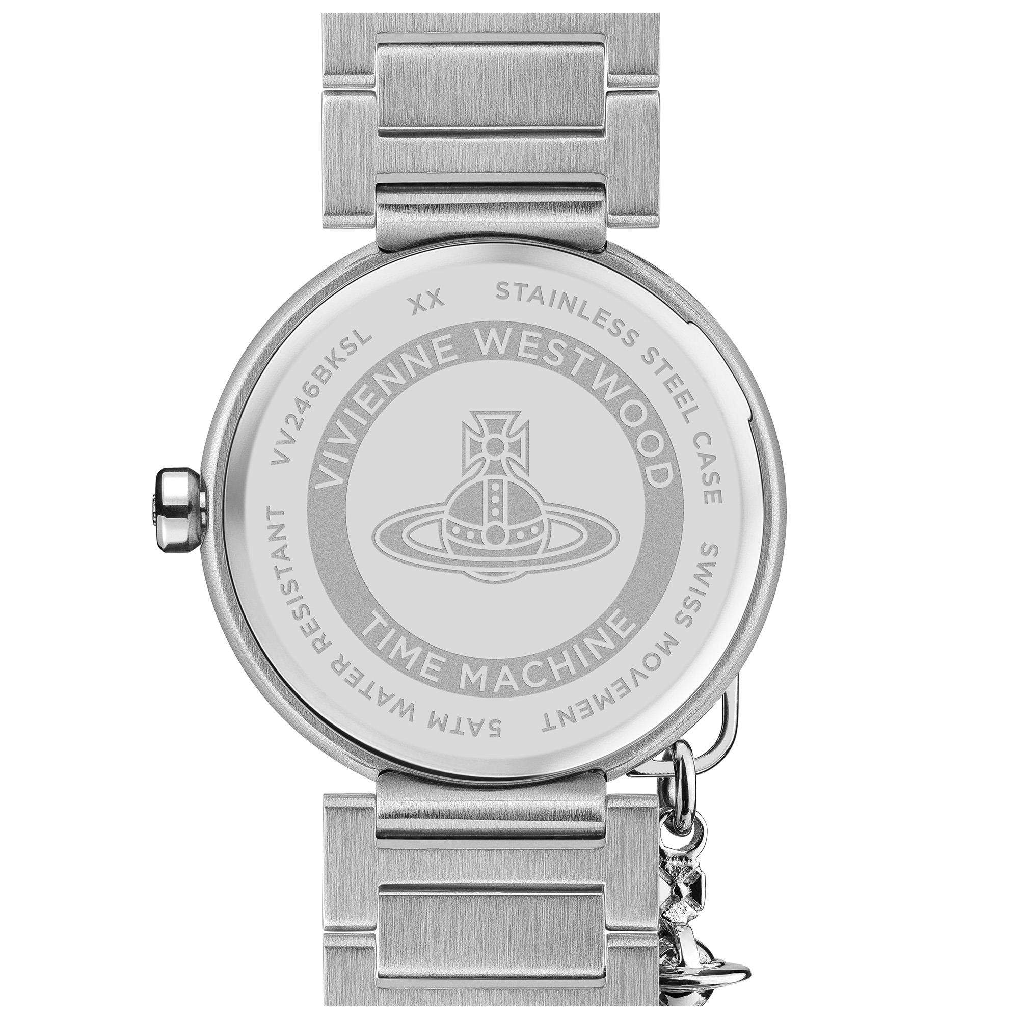Vivienne Westwood Poplar women's watch with a black dial and silver stainless steel bracelet. Clasp and case back detail.