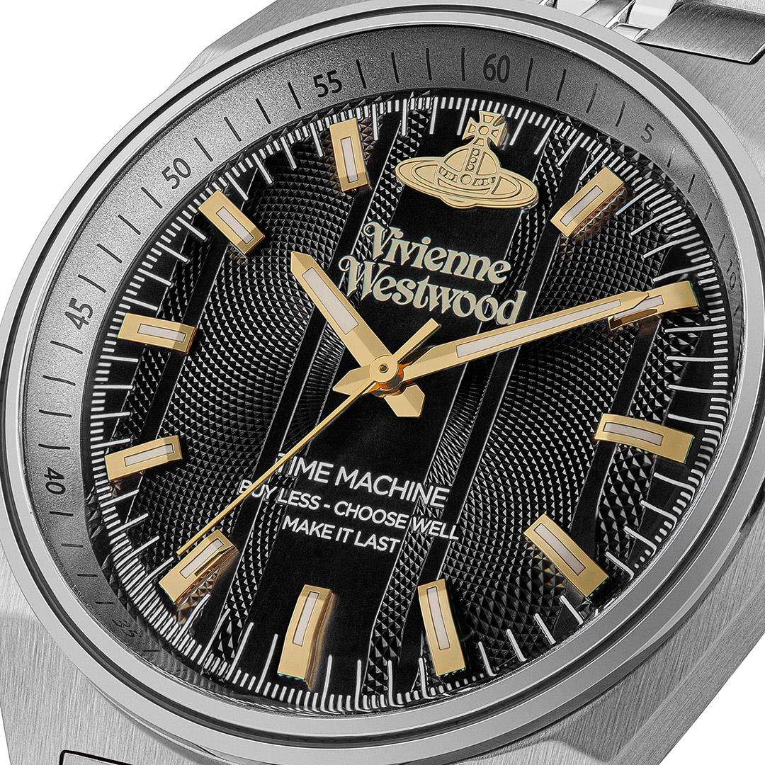 Vivienne Westwood Sydenham men's watch with a black dial and silver stainless steel bracelet. Shown at an angle.