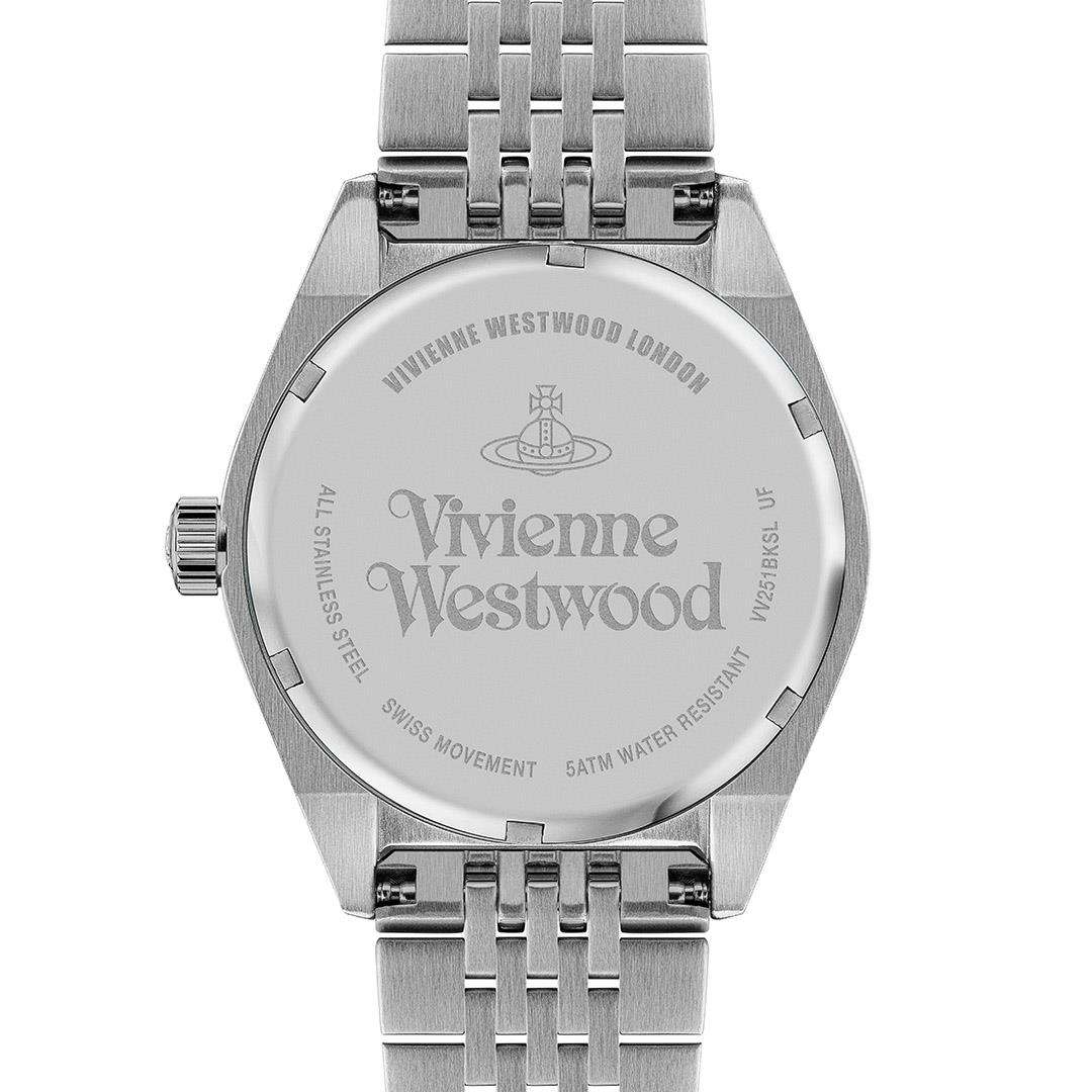 Vivienne Westwood Sydenham men's watch with a black dial and silver stainless steel bracelet. Clasp and case back detail.