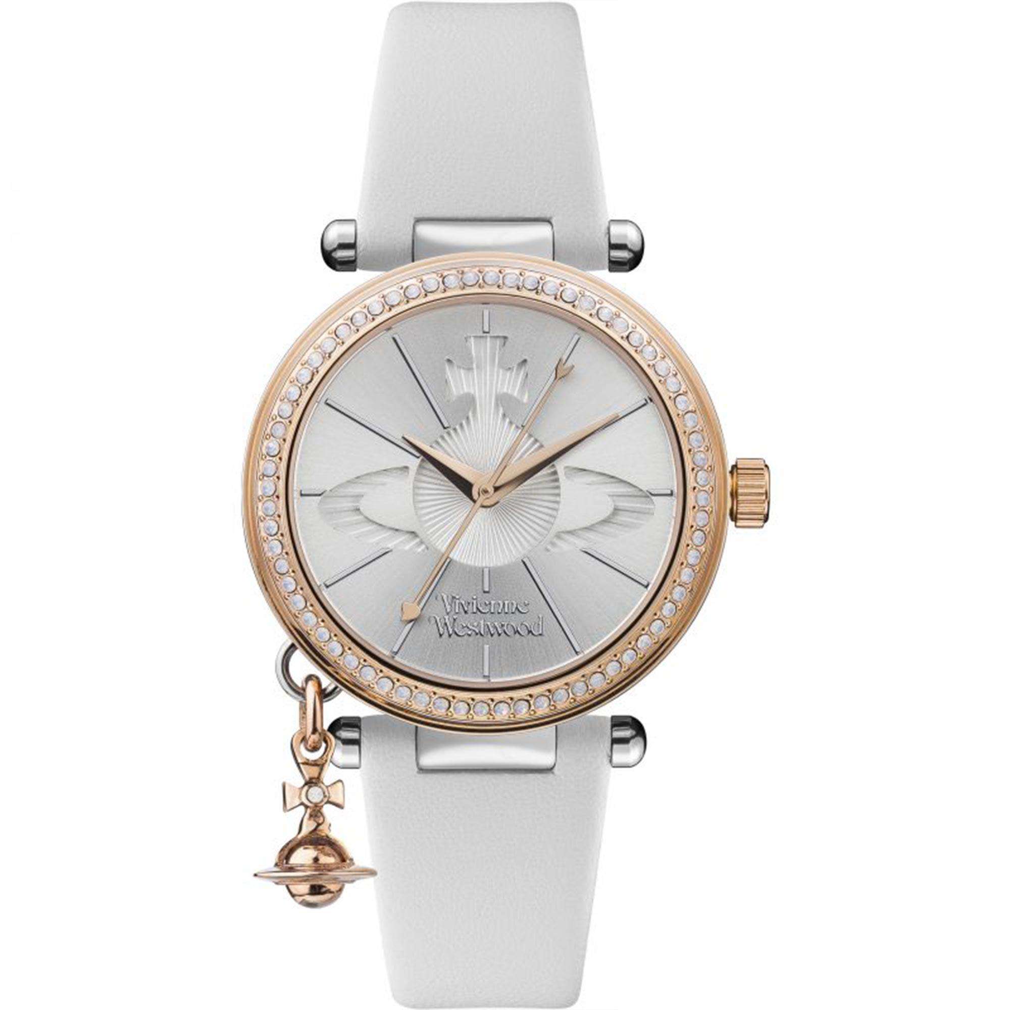 Vivienne Westwood Orb women's watch with a silver dial and white leather strap.