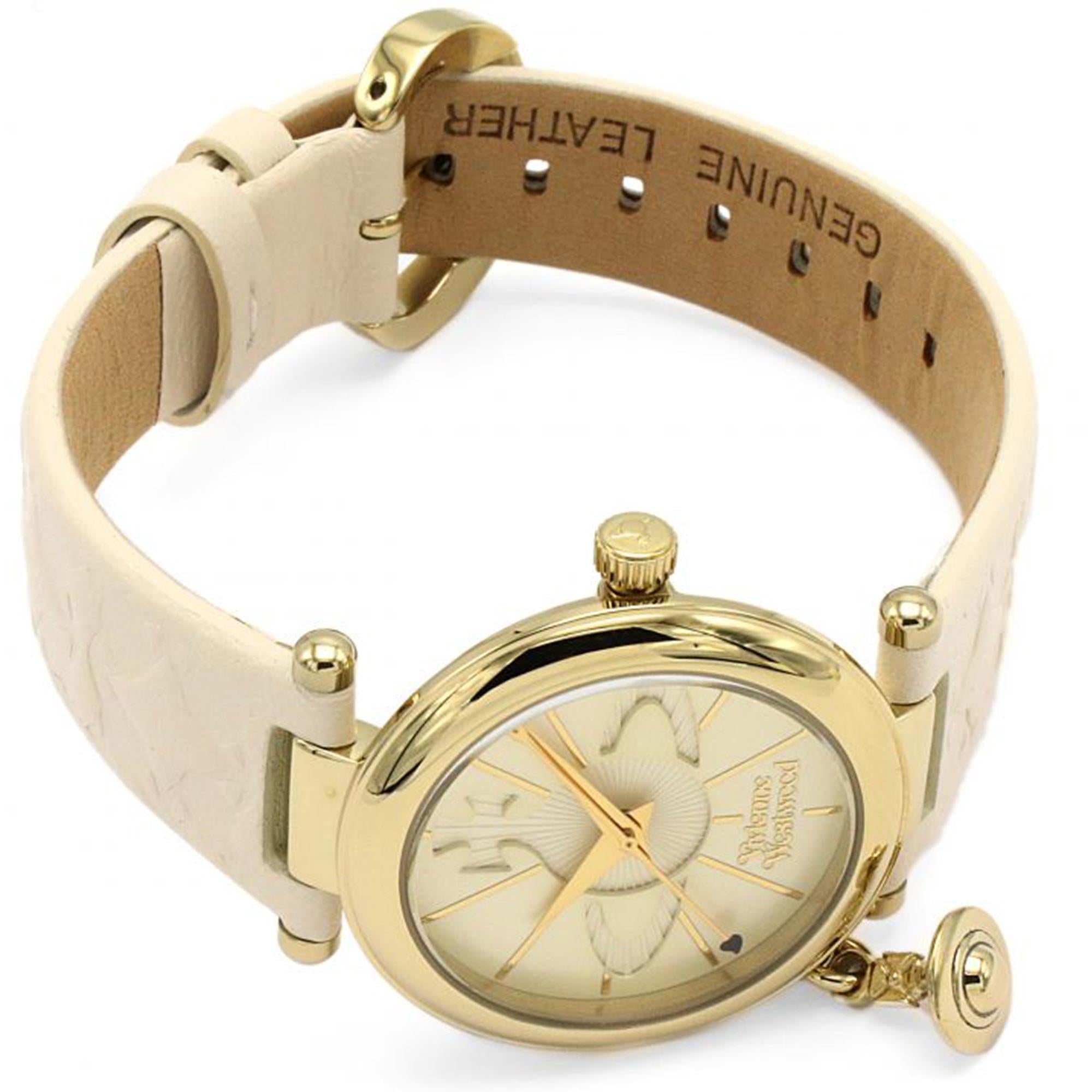 Vivienne Westwood Orb II women's watch with a cream dial and cream leather strap. Close-up detail view.