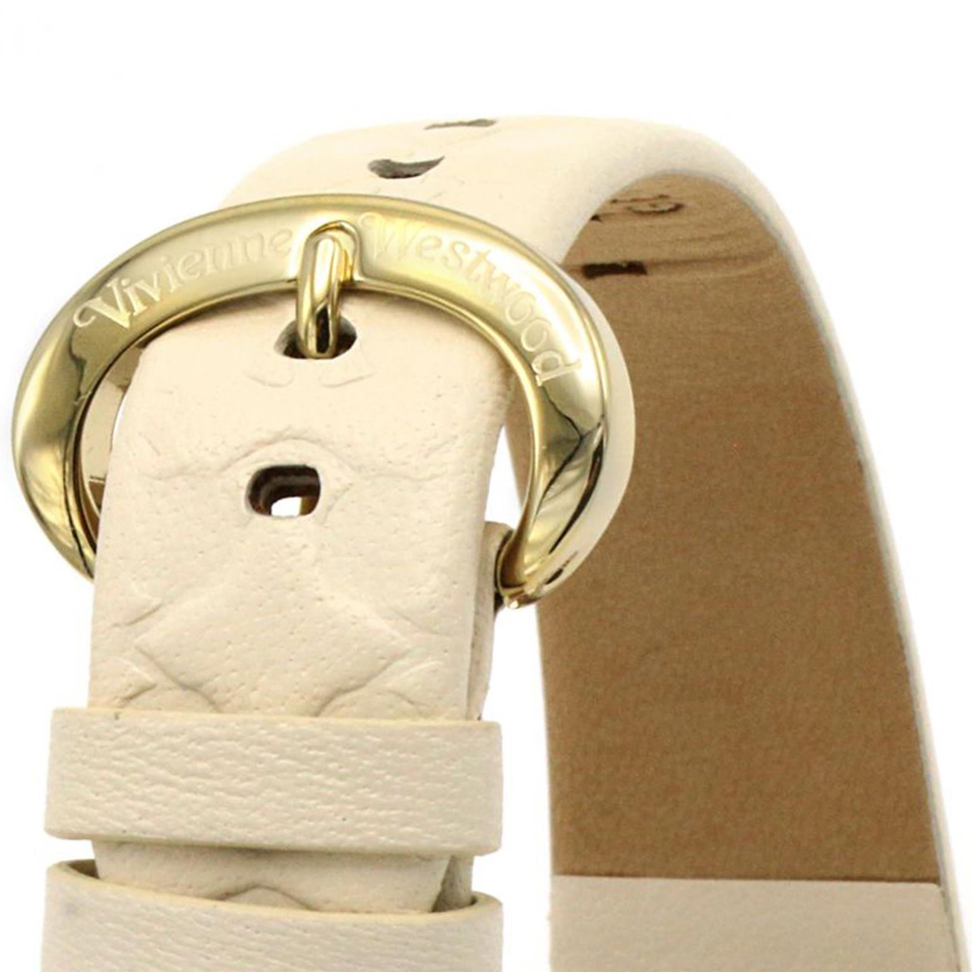 Vivienne Westwood Orb II women's watch with a cream dial and cream leather strap. Clasp and case back detail.