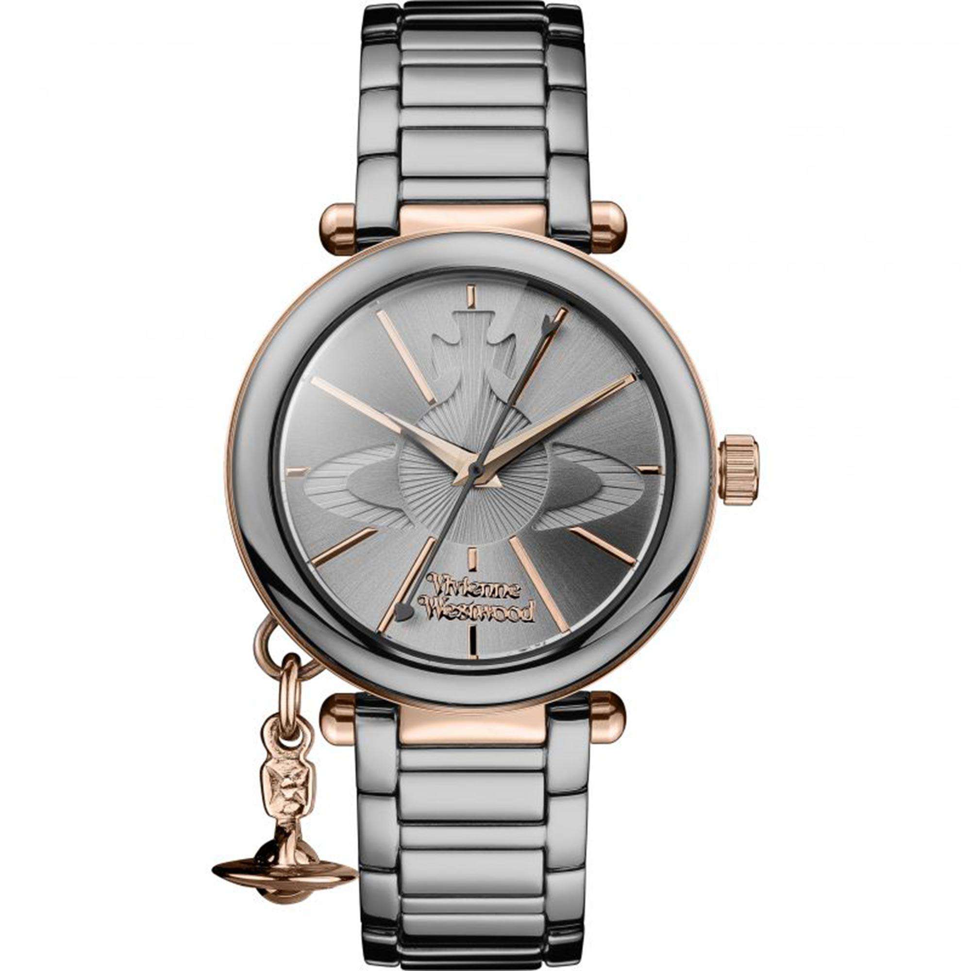 Vivienne Westwood Kensington women's watch with a grey dial and gunmetal stainless steel bracelet. Close-up detail view.