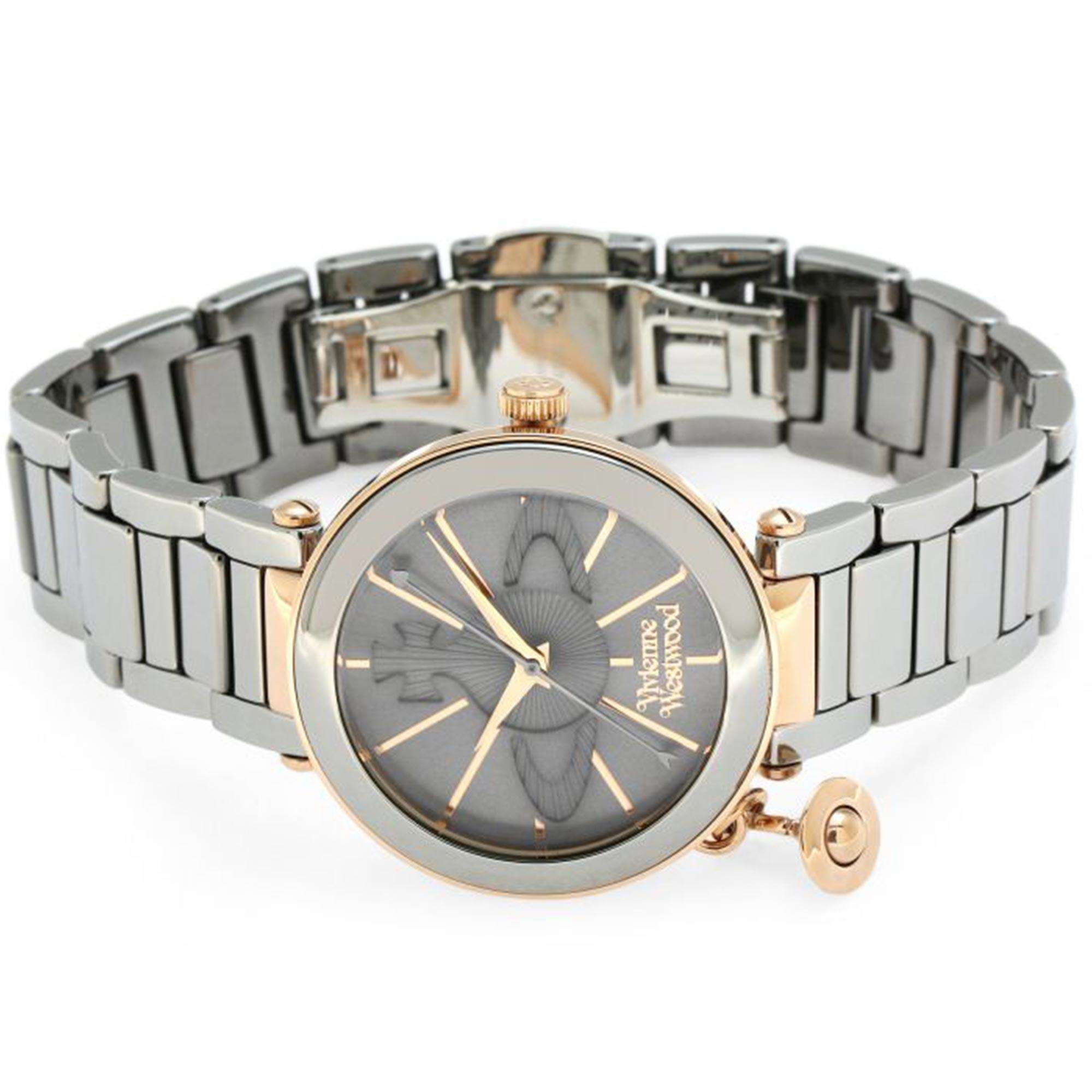 Vivienne Westwood Kensington women's watch with a grey dial and gunmetal stainless steel bracelet. Side profile view.