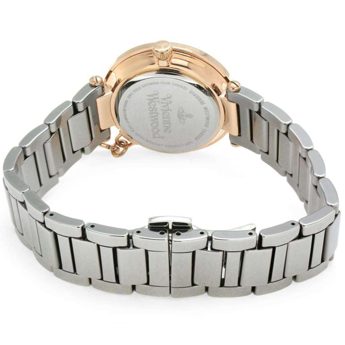 Vivienne Westwood Kensington women's watch with a grey dial and gunmetal stainless steel bracelet. Clasp and case back detail.