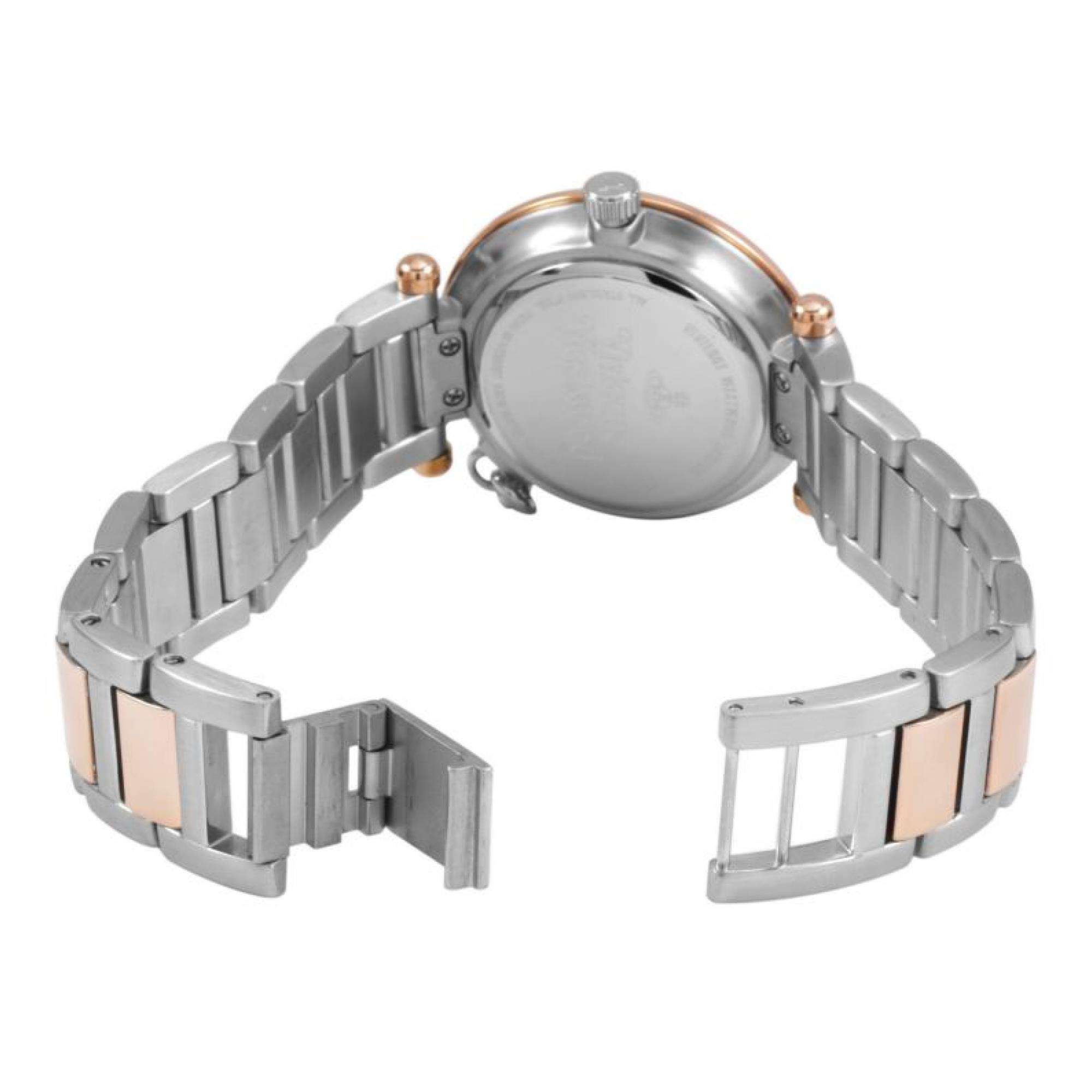Vivienne Westwood Orb women's watch with a silver dial and two tone stainless steel bracelet. Clasp and case back detail.