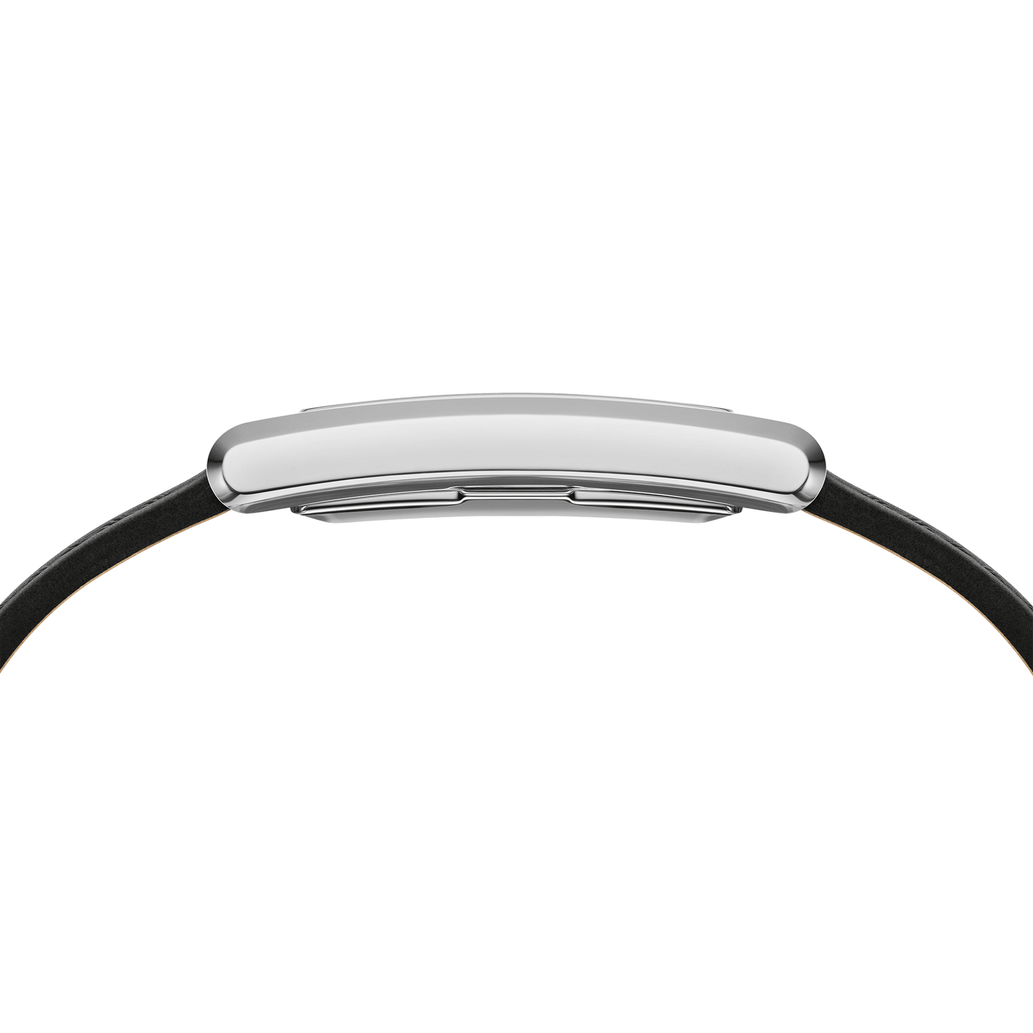 Sleek smartwatch or fitness tracker with a curved silver face and black band.