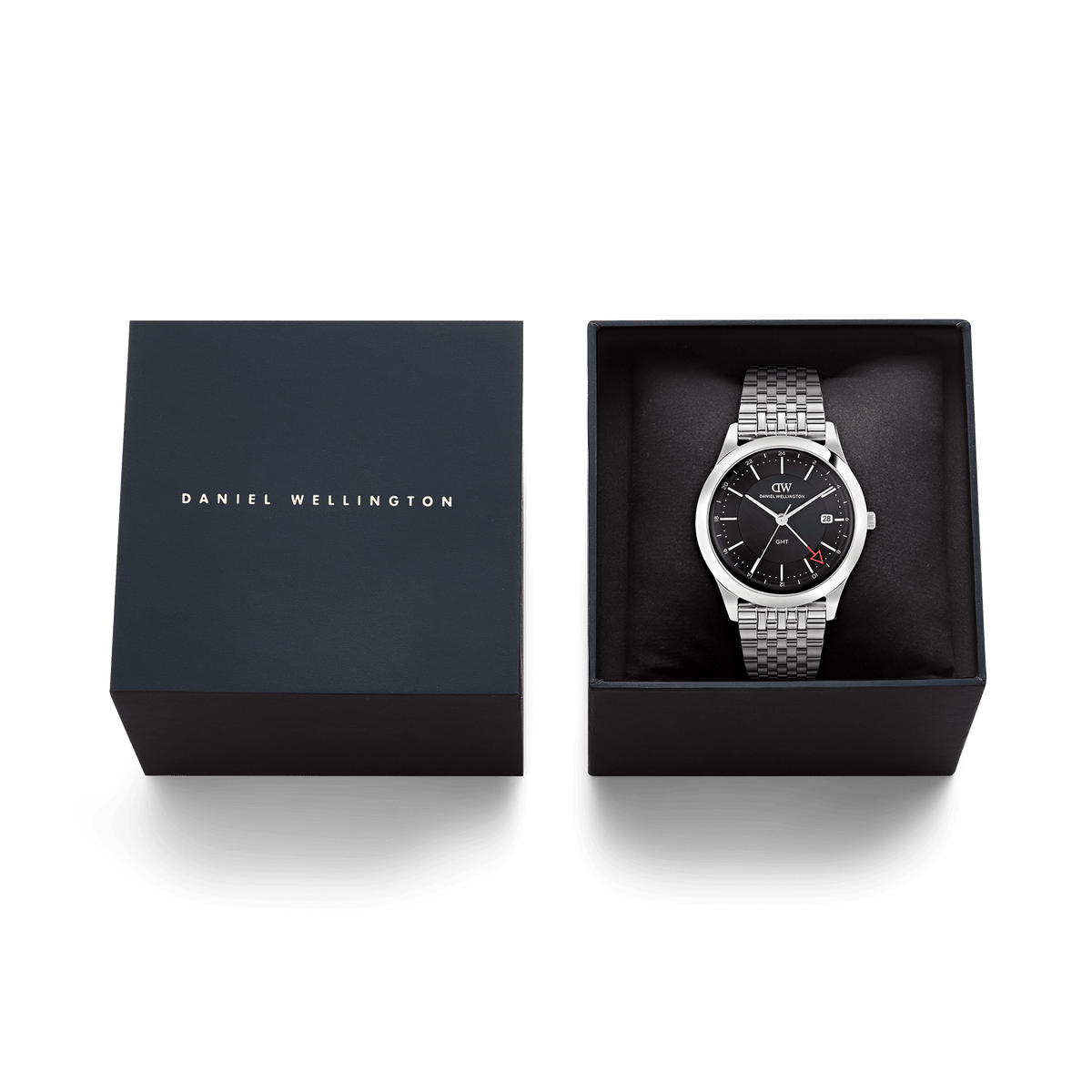 Daniel Wellington Pathfinder GMT 7-Link Black Silver DW00100978 men's watch with black sunray dial and silver link strap