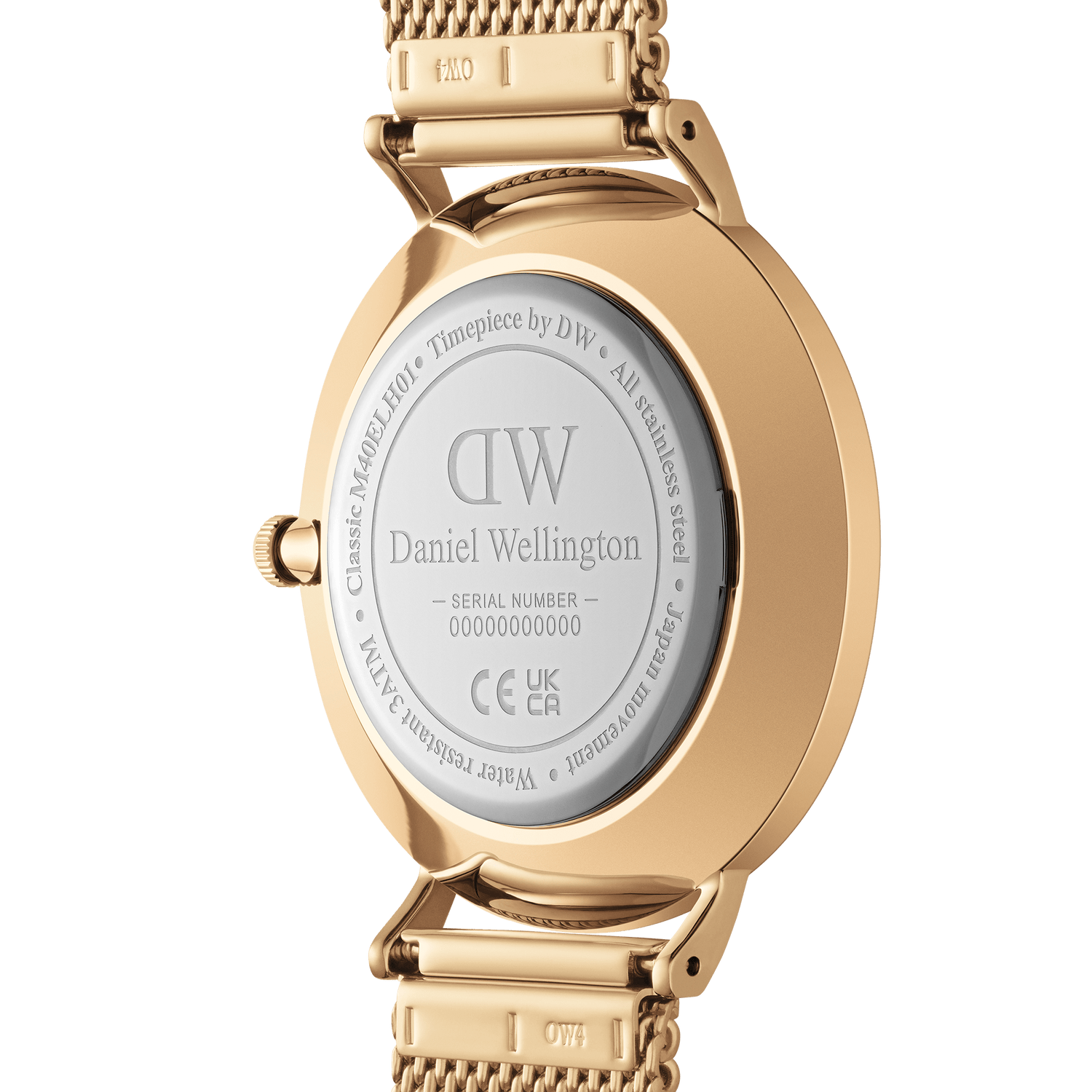 Gold-toned wristwatch with a mesh band and circular case back displaying the Daniel Wellington brand name.