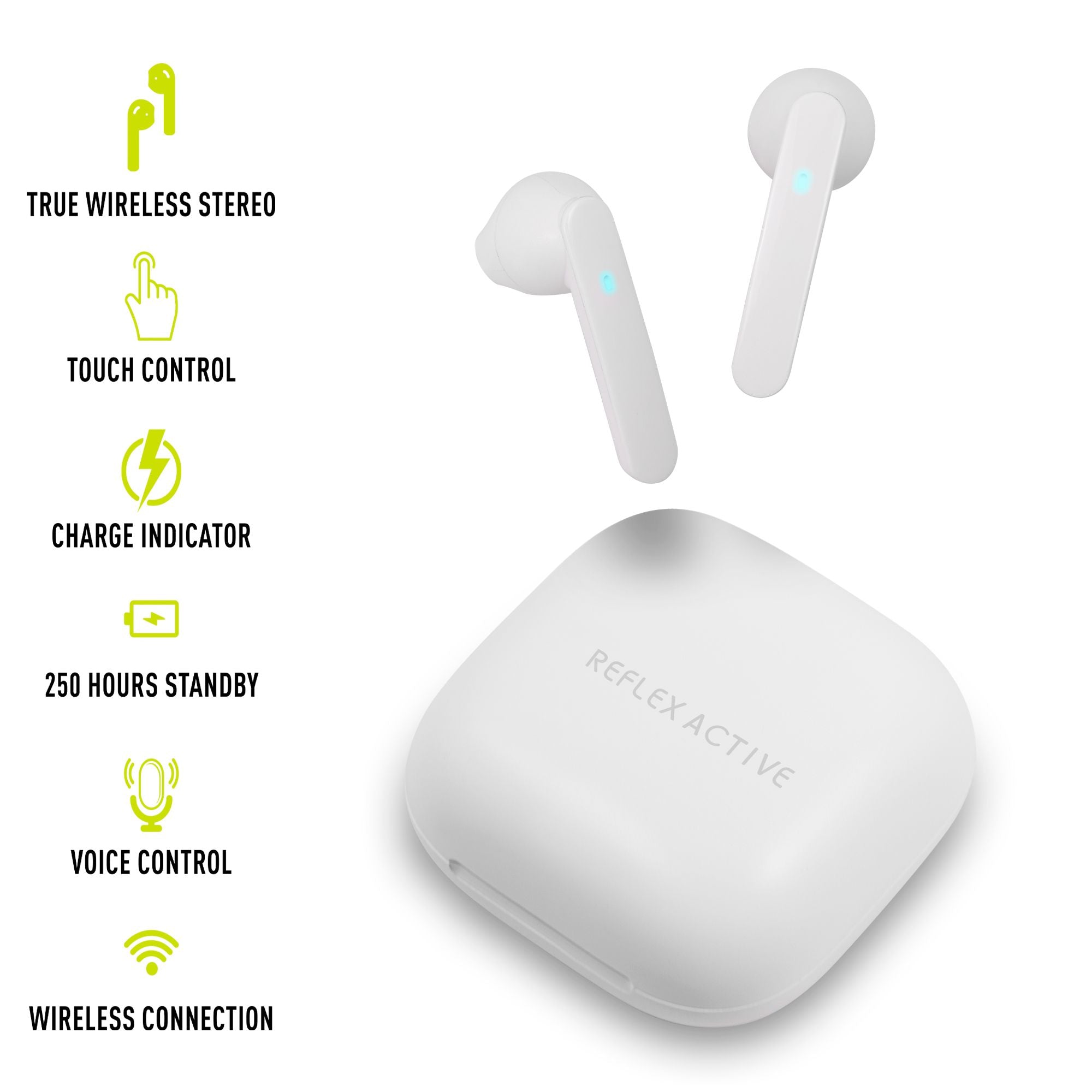 Pair of white wireless earbuds with their charging case.
