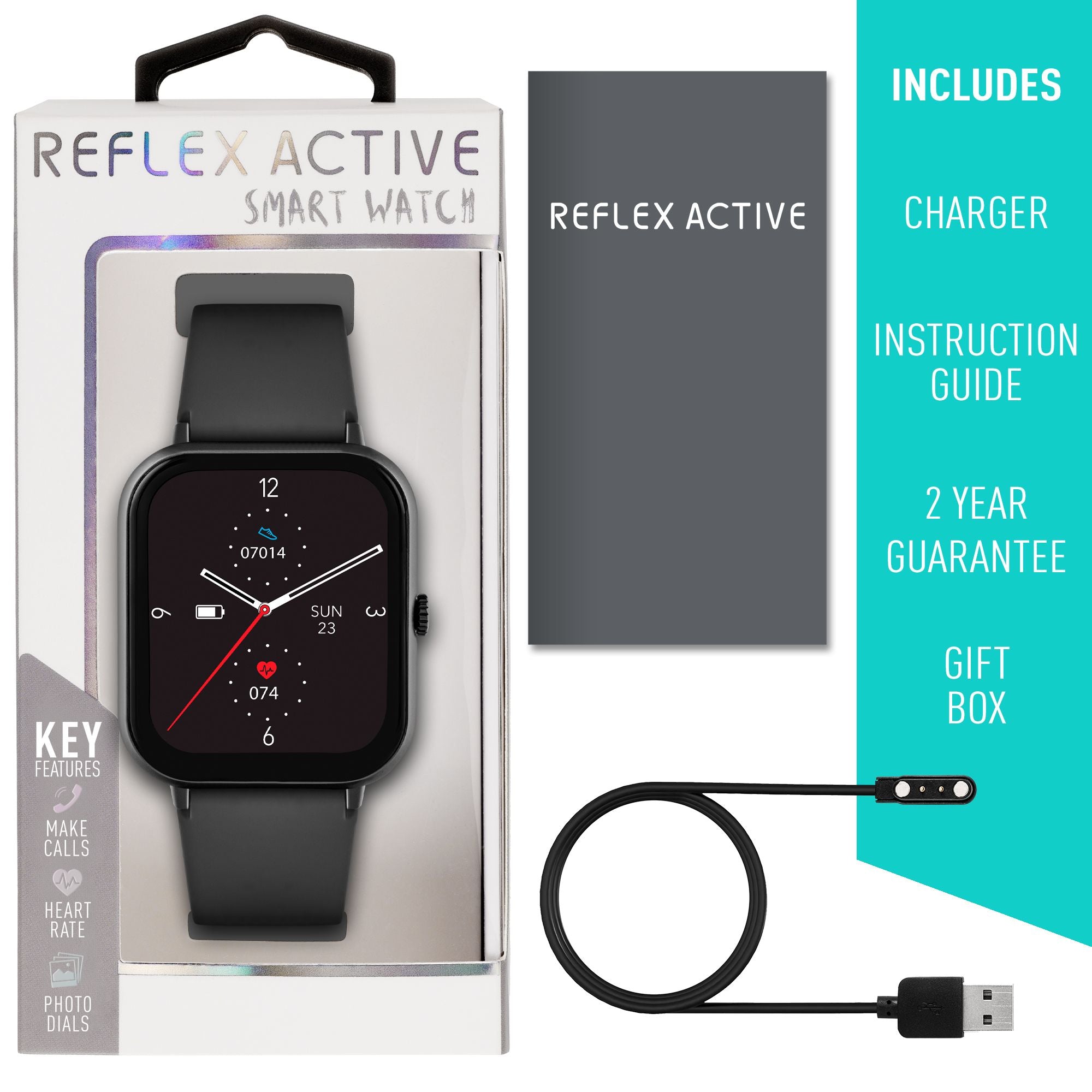 Reflex Active smart watch with a black band and square display face.