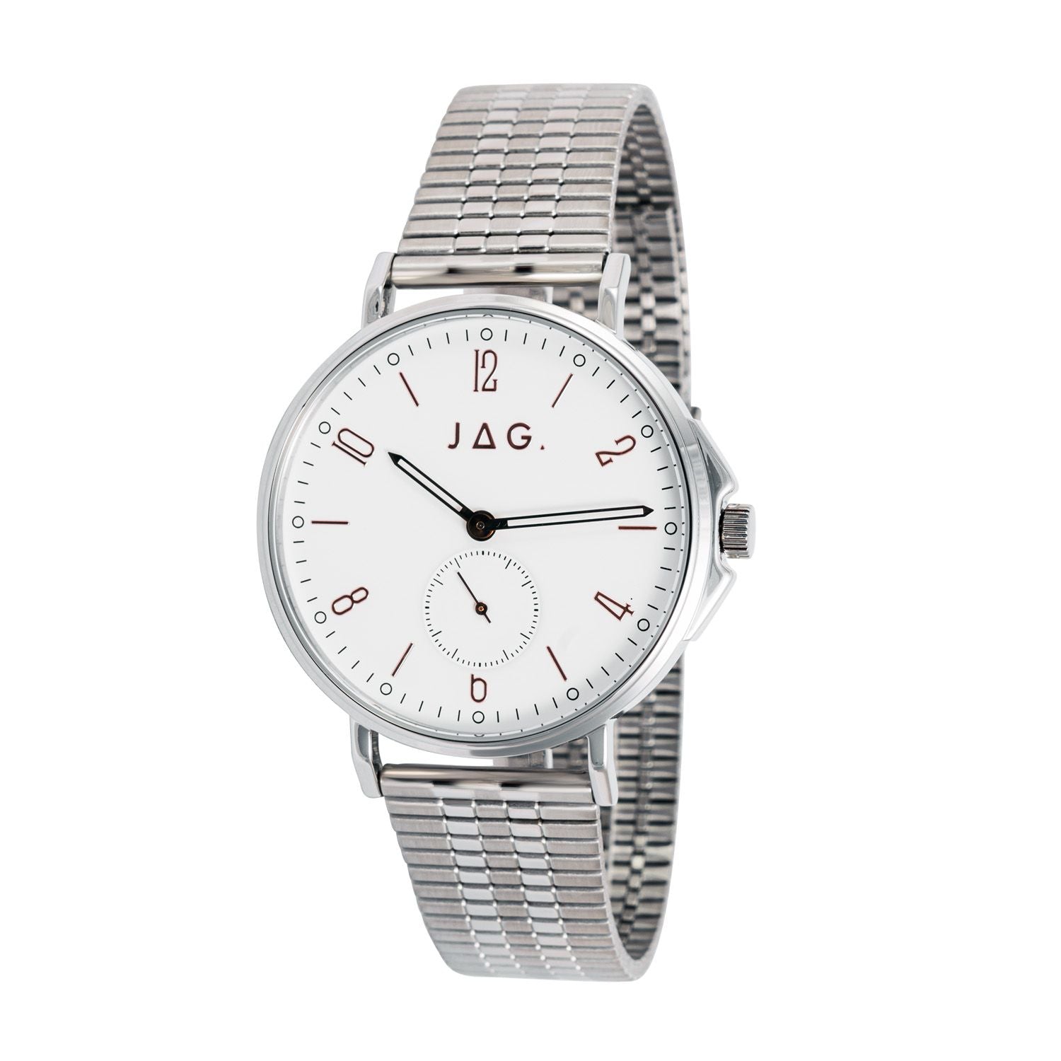 Silver wristwatch with a white dial and expandable metal band.