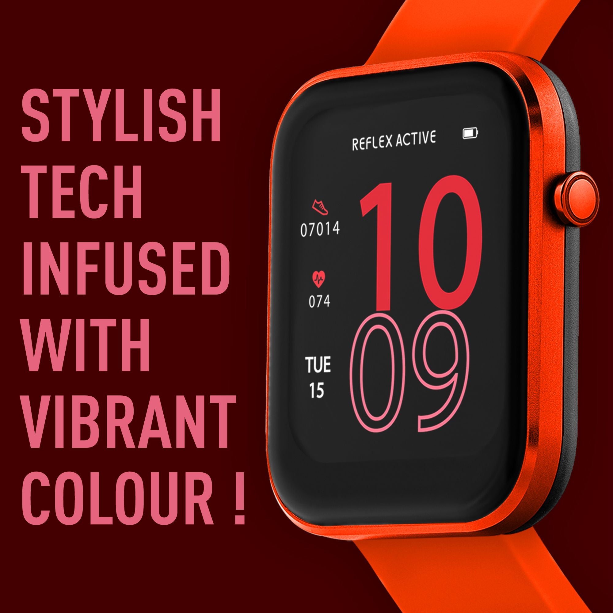 Bright orange smartwatch with a square black display showing the time.