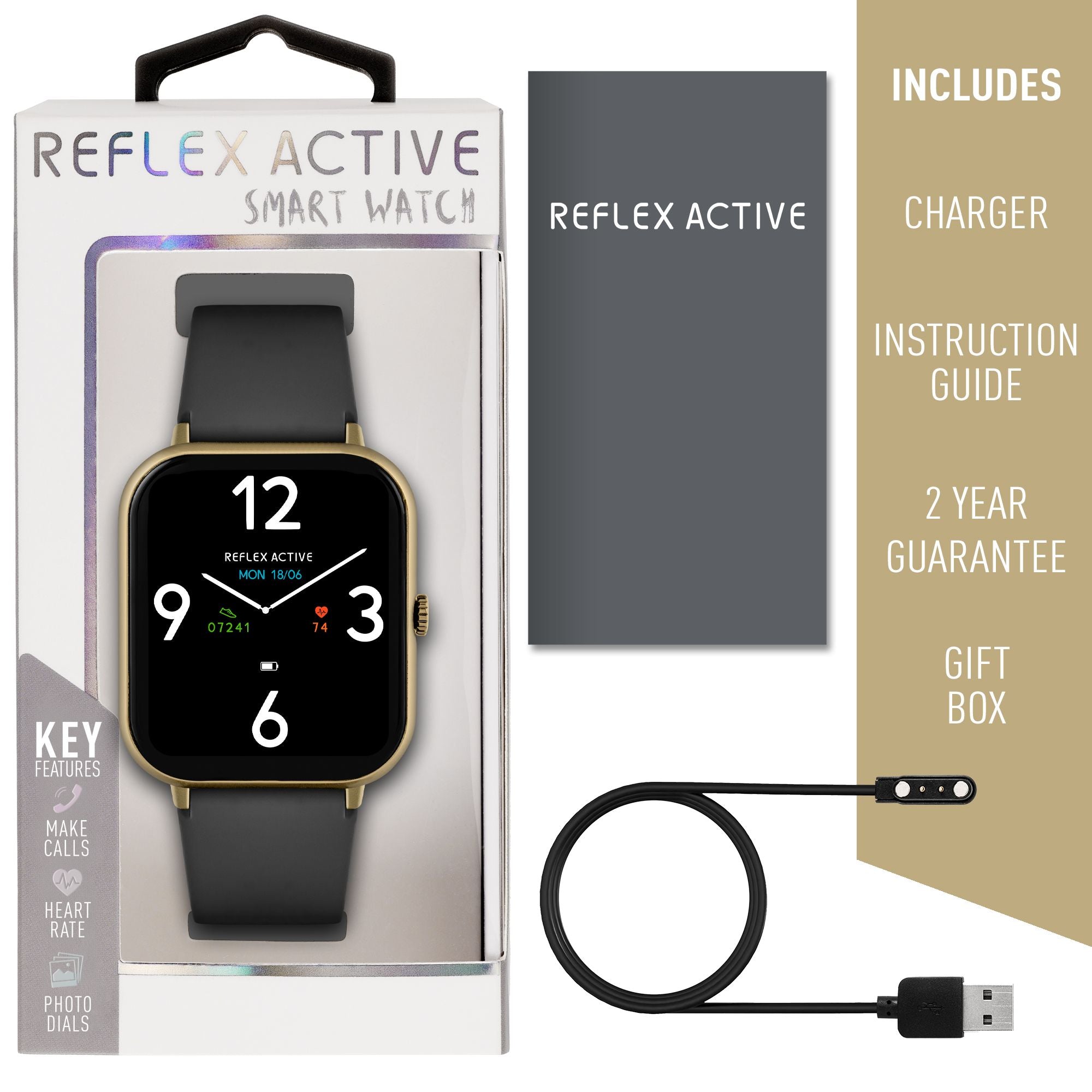 Smartwatch with a square black and gold face displaying the time 12:09.