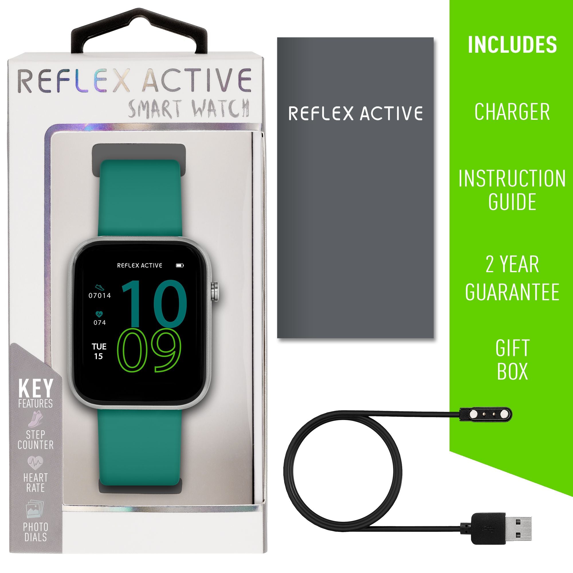 Smartwatch with a teal band and digital display showing the time 10:09.