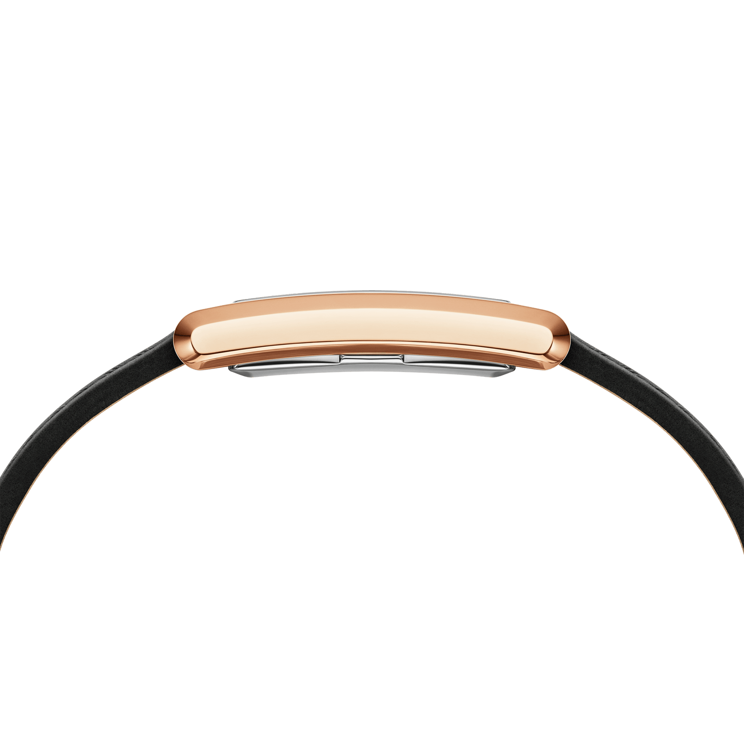 Sleek fitness tracker or smartwatch with a rose gold casing and black band.