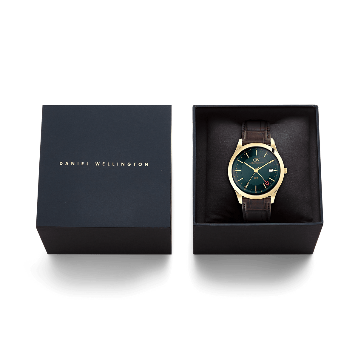 Daniel Wellington Pathfinder GMT Brown-Croc Green Gold DW00100974 men's watch with green sunray dial and brown leather strap