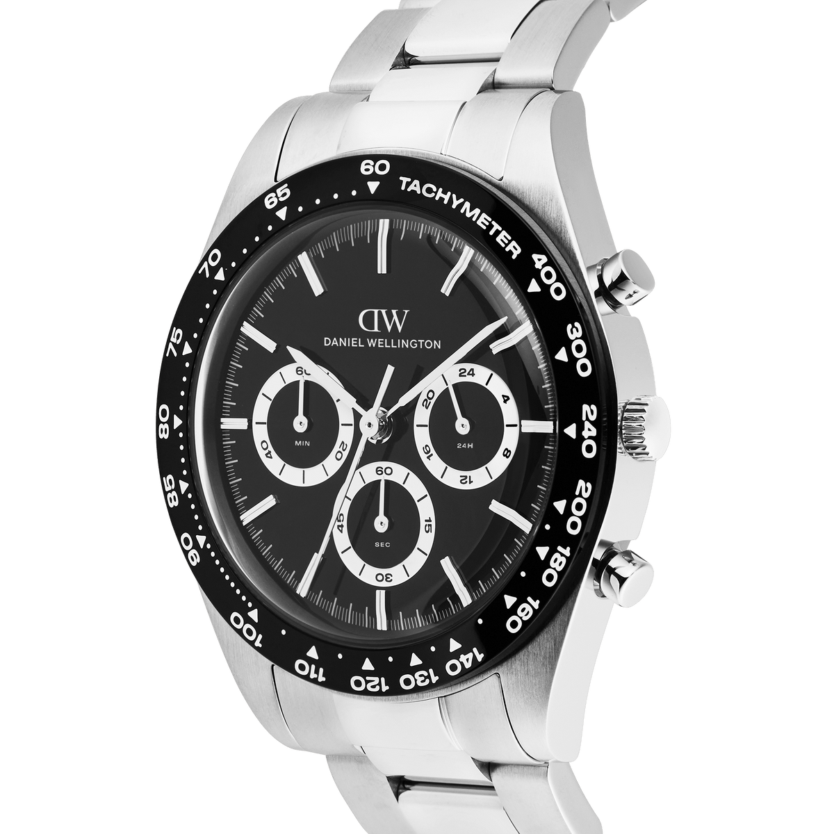 Daniel Wellington Iconic Tachymeter 3-Link Black Silver DW00100947 men's watch with black plain dial and silver link strap