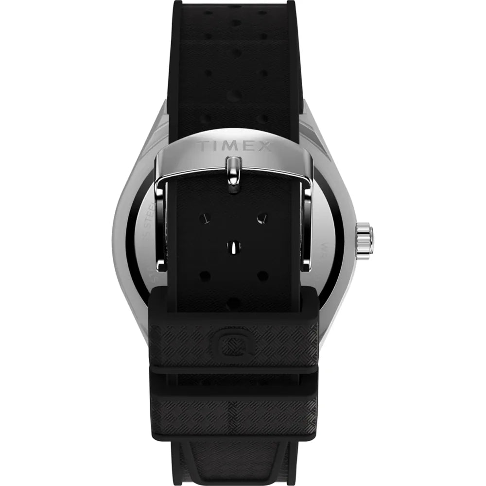 Timex Continental GMT Watch with stainless steel case and black rubber strap, featuring a durable mineral crystal and 5 ATM water resistance.